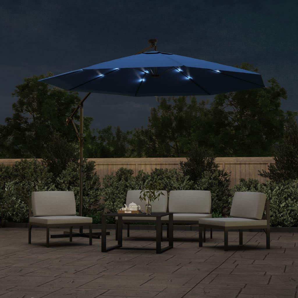 Guarda-sol cantilever c/ luzes LED/poste aço 300 cm azul-ciano