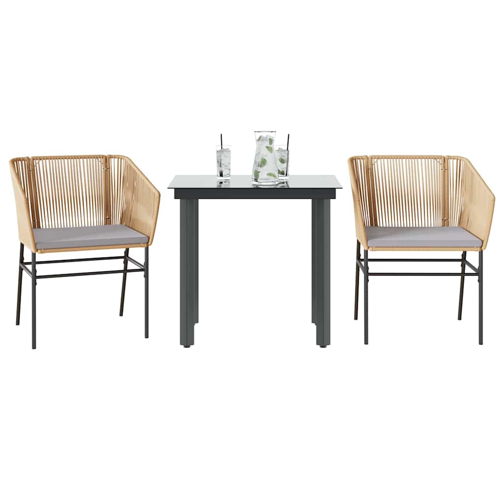 Conjunto jantar jardim 3 peças almofadas vidro vime PE castanho
