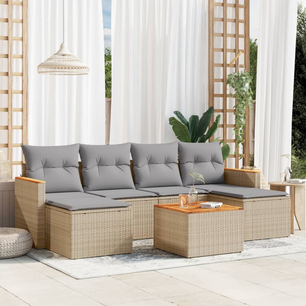 7 Pcs conjunto de sofás p/ jardim com almofadões vime PE bege