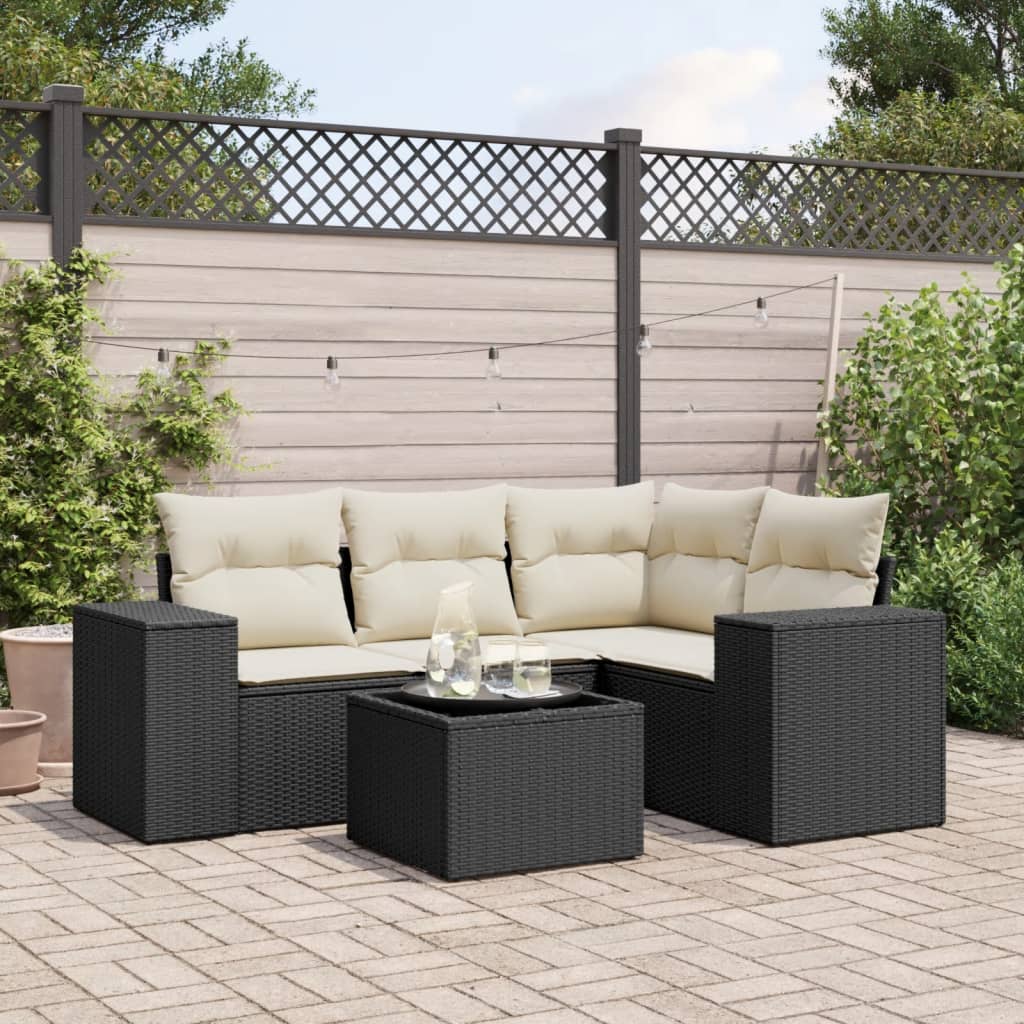 5 Pcs conjunto sofás de jardim com almofadões vime PE preto