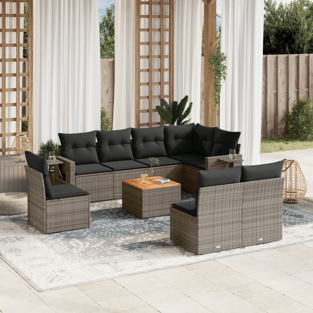 9 Pcs conjunto sofás p/ jardim com almofadões vime PE cinzento