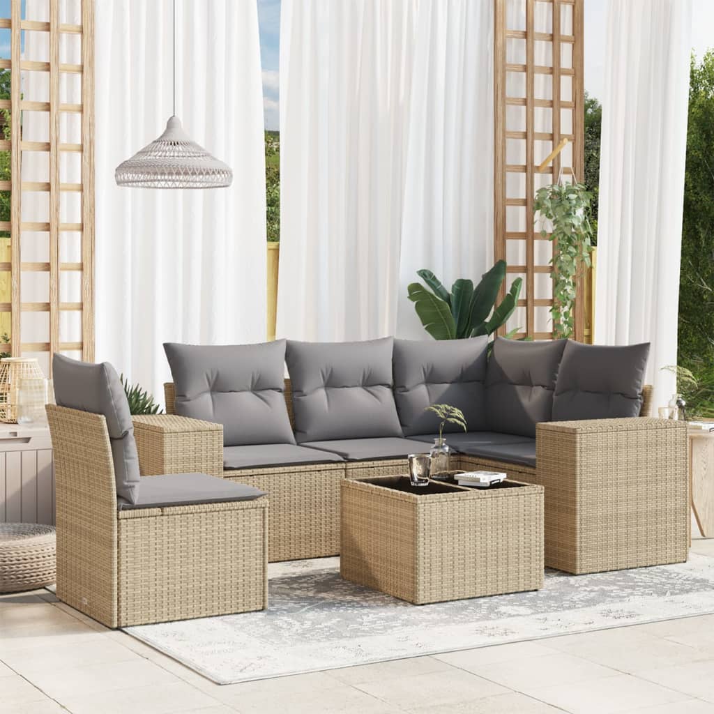 6 Pcs conjunto de sofás p/ jardim com almofadões vime PE bege