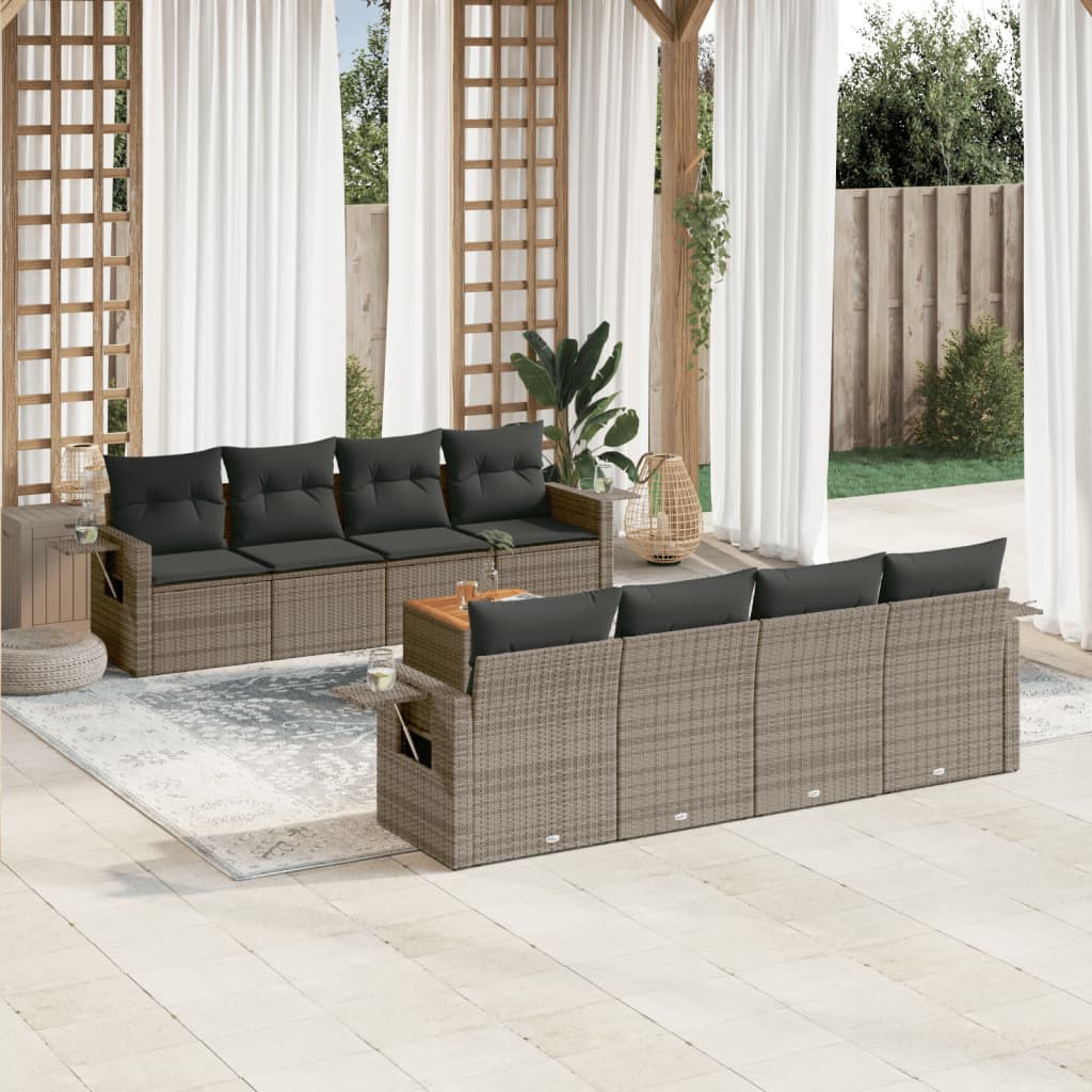 9 Pcs conjunto sofás p/ jardim com almofadões vime PE cinzento
