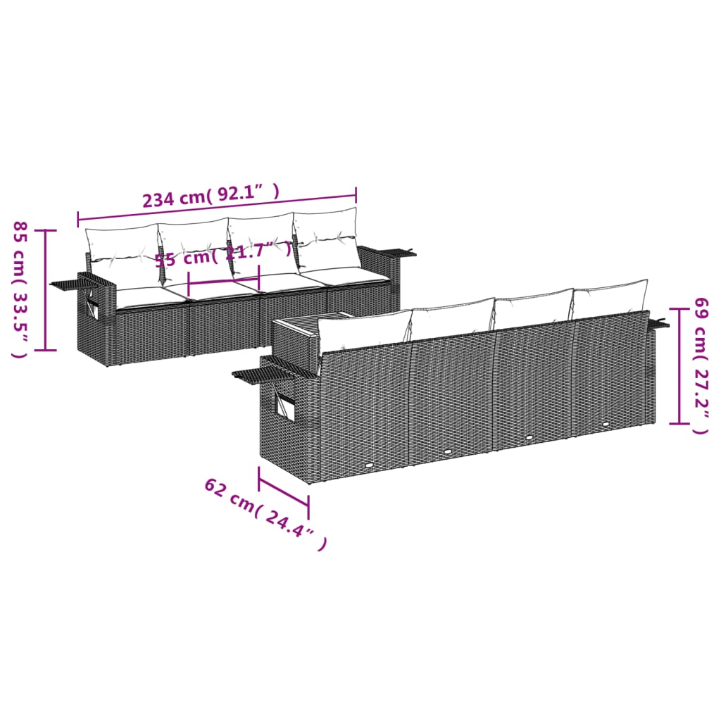 9 Pcs conjunto sofás p/ jardim com almofadões vime PE cinzento