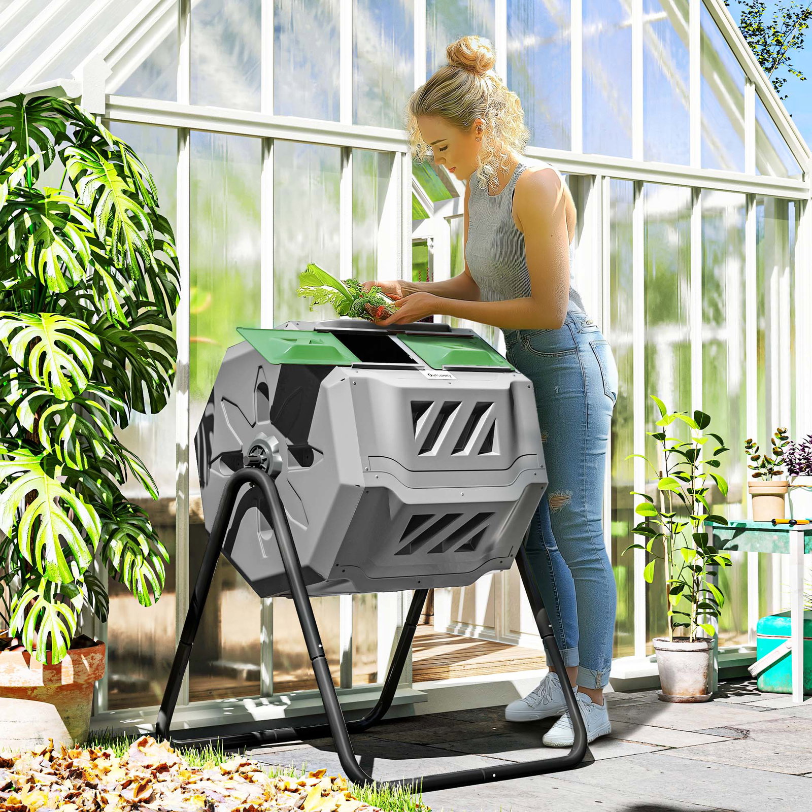 Compostor de Tambor Giratório com Capacidade 160L de Dupla Câmara e Ventilação para Resíduos Orgânicos 71x65x96 cm Cinza e Verde