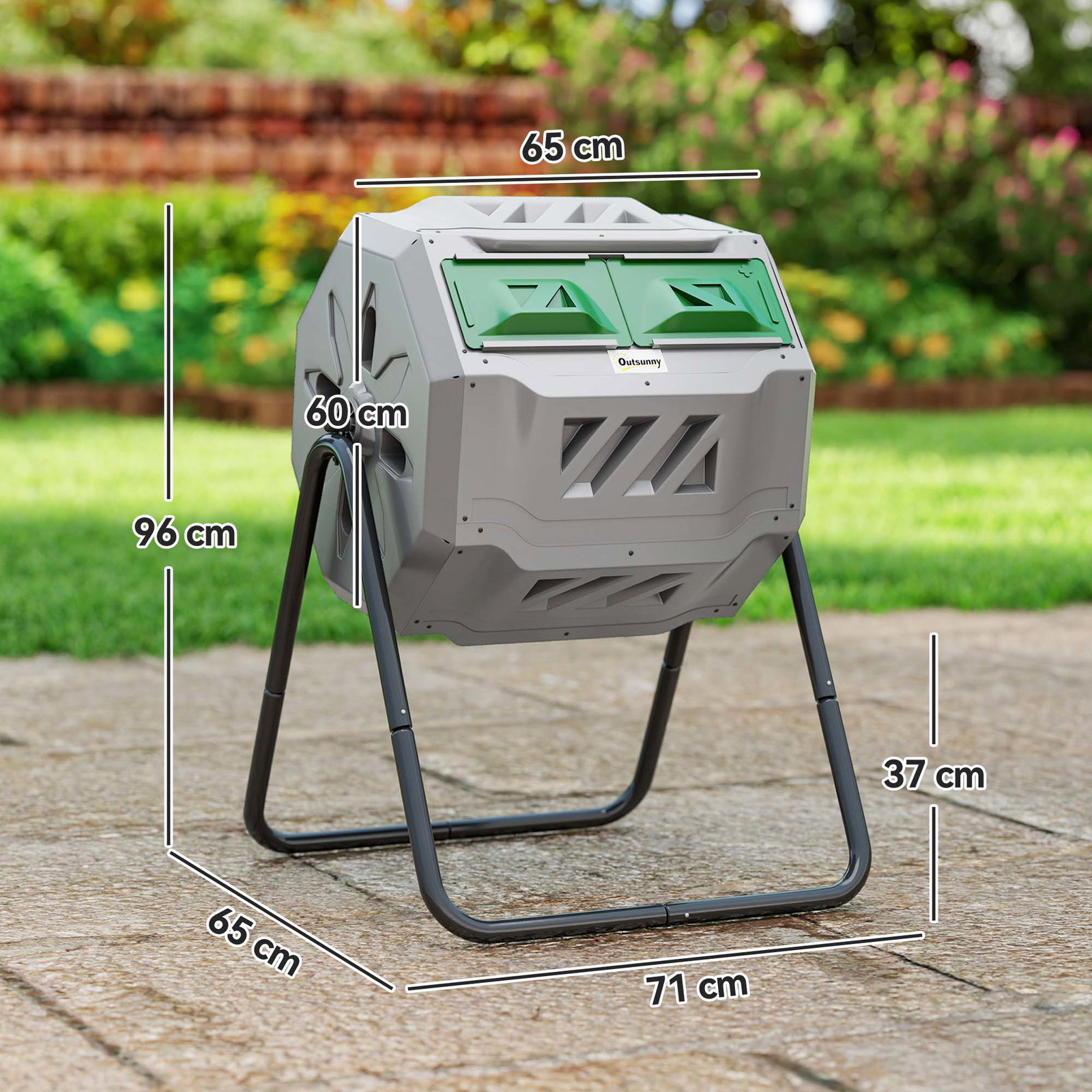 Compostor de Tambor Giratório com Capacidade 160L de Dupla Câmara e Ventilação para Resíduos Orgânicos 71x65x96 cm Cinza e Verde