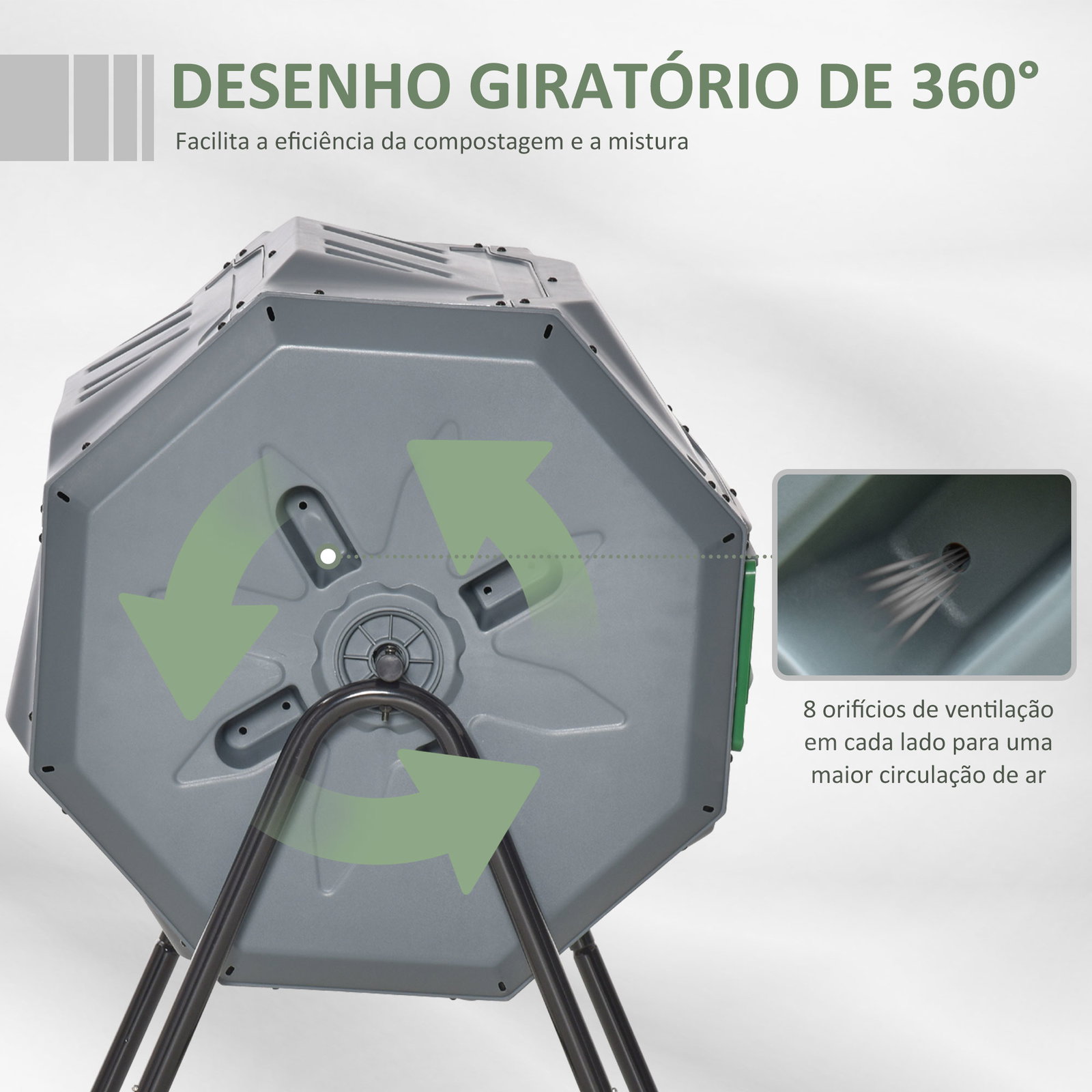 Compostor de Tambor Giratório com Capacidade 160L de Dupla Câmara e Ventilação para Resíduos Orgânicos 71x65x96 cm Cinza e Verde