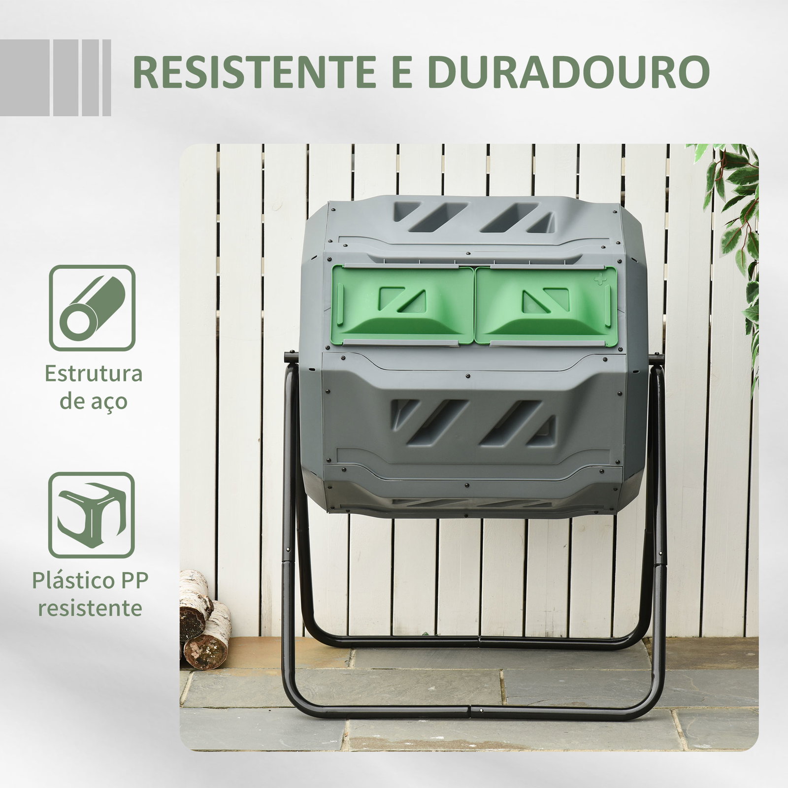 Compostor de Tambor Giratório com Capacidade 160L de Dupla Câmara e Ventilação para Resíduos Orgânicos 71x65x96 cm Cinza e Verde