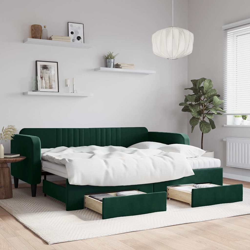 Sofá-cama c/ gavetão e gavetas 90x200 cm veludo verde-escuro