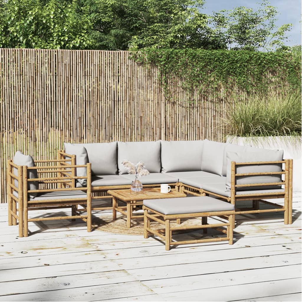8 Pcs conj. lounge de jardim bambu c/ almofadões cinzento-claro