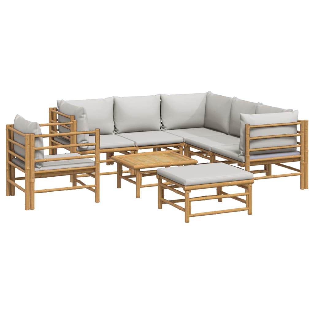 8 Pcs conj. lounge de jardim bambu c/ almofadões cinzento-claro