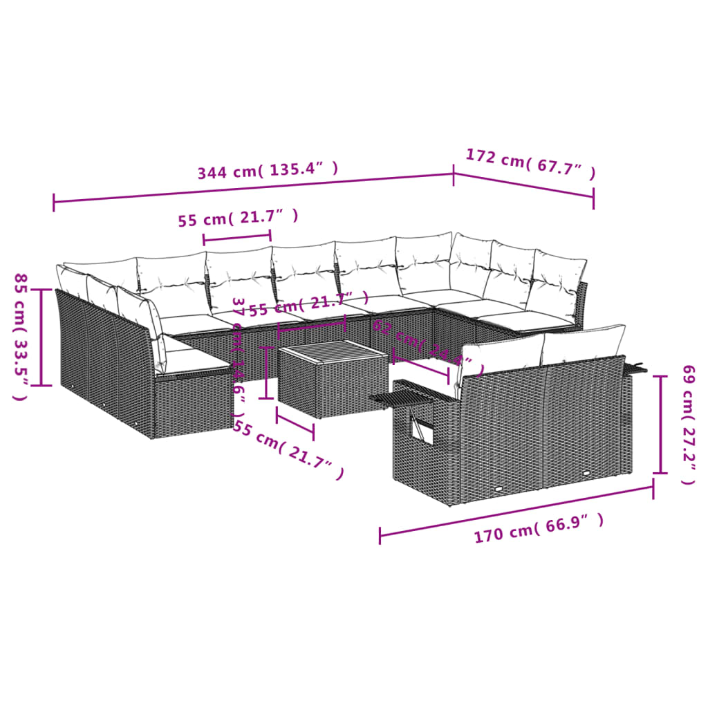 13 Pcs conjunto de sofás de jardim com almofadões vime PE preto