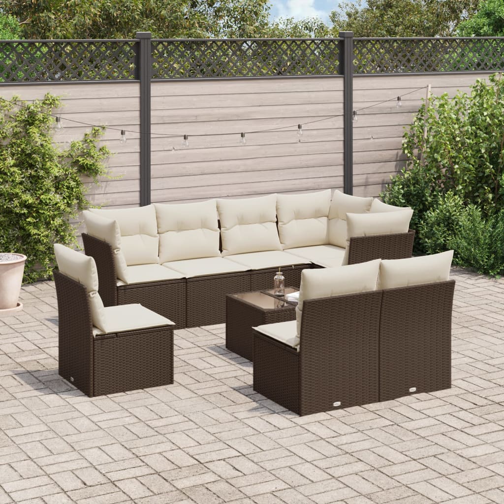 9 Pcs conjunto sofás p/ jardim c/ almofadões vime PE castanho
