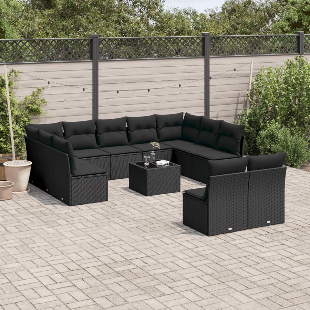 12 Pcs conjunto de sofás de jardim c/ almofadões vime PE preto