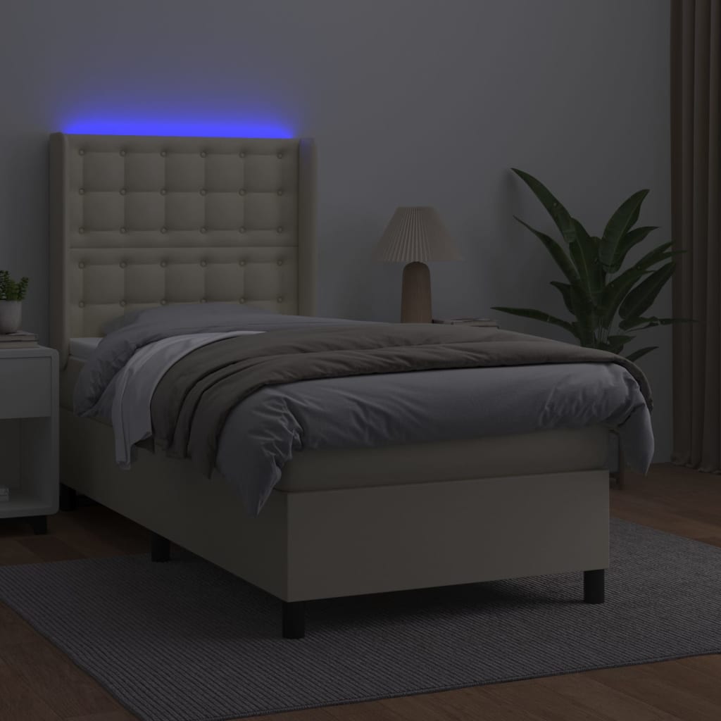 Cama box spring c/ colchão/LED 90x190 cm couro artificial creme