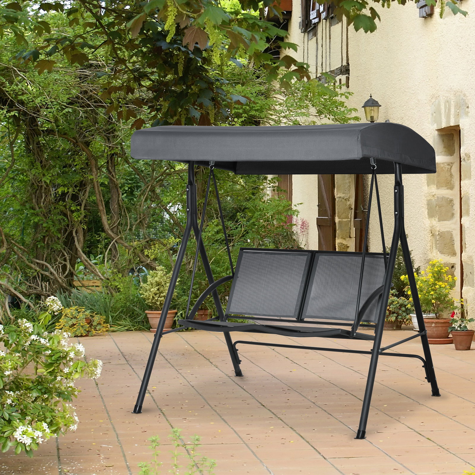 Baloiço de Jardim Exterior para 2 Pessoas Toldo Ajustável Estrutura em Aço Assentos de Textilene 140x118x162 cm Cinzento Escuro