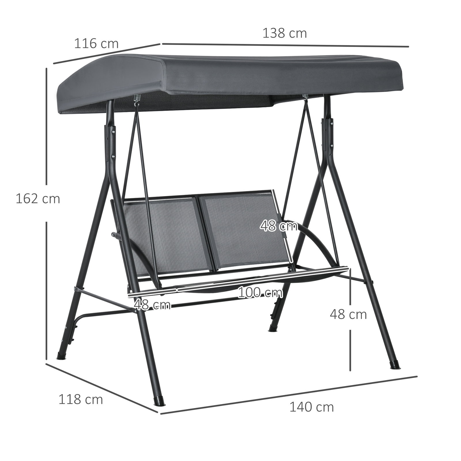 Baloiço de Jardim Exterior para 2 Pessoas Toldo Ajustável Estrutura em Aço Assentos de Textilene 140x118x162 cm Cinzento Escuro