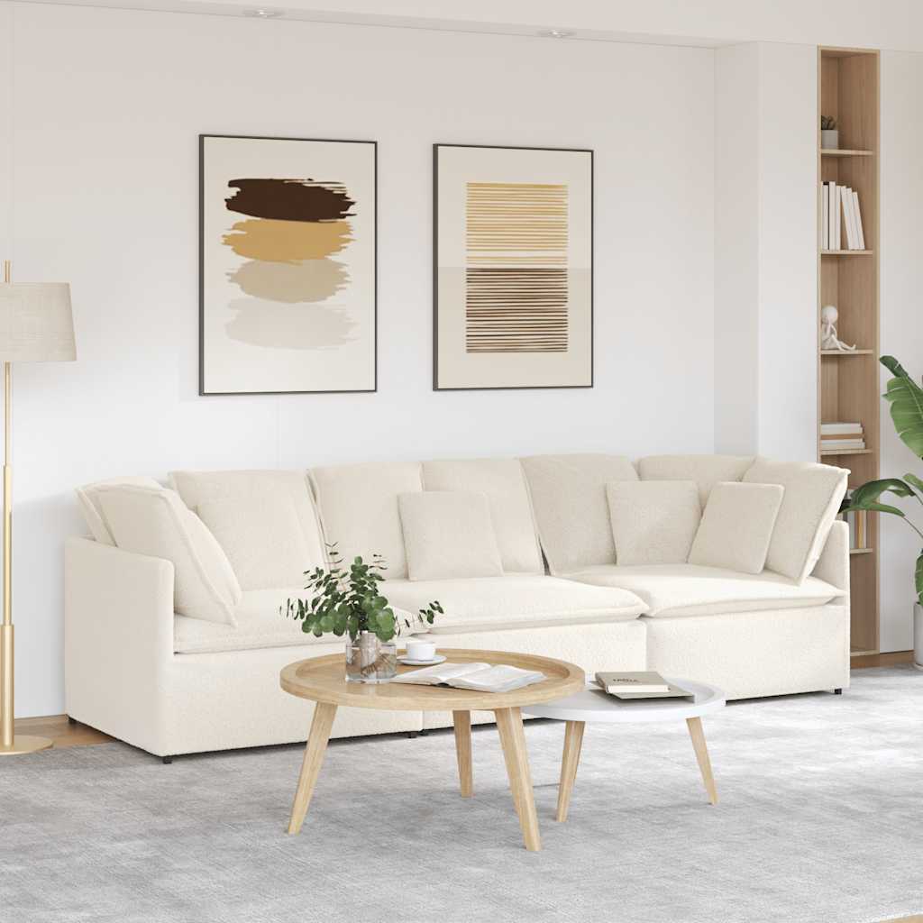 Sofá modular com almofadas tecido tipo lã encaracolado creme