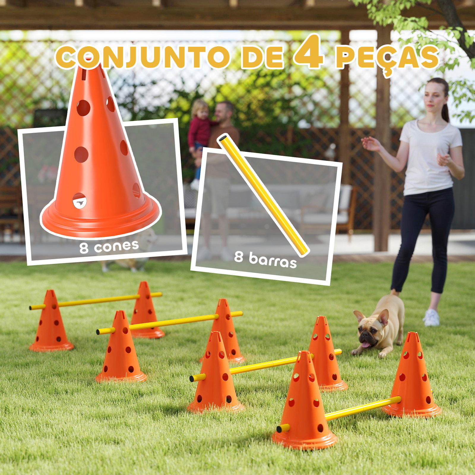 Conjunto de agilidade para cães barreiras de obstáculos para treino de coordenação 8 cones 8 barras bolsa de transporte laranja