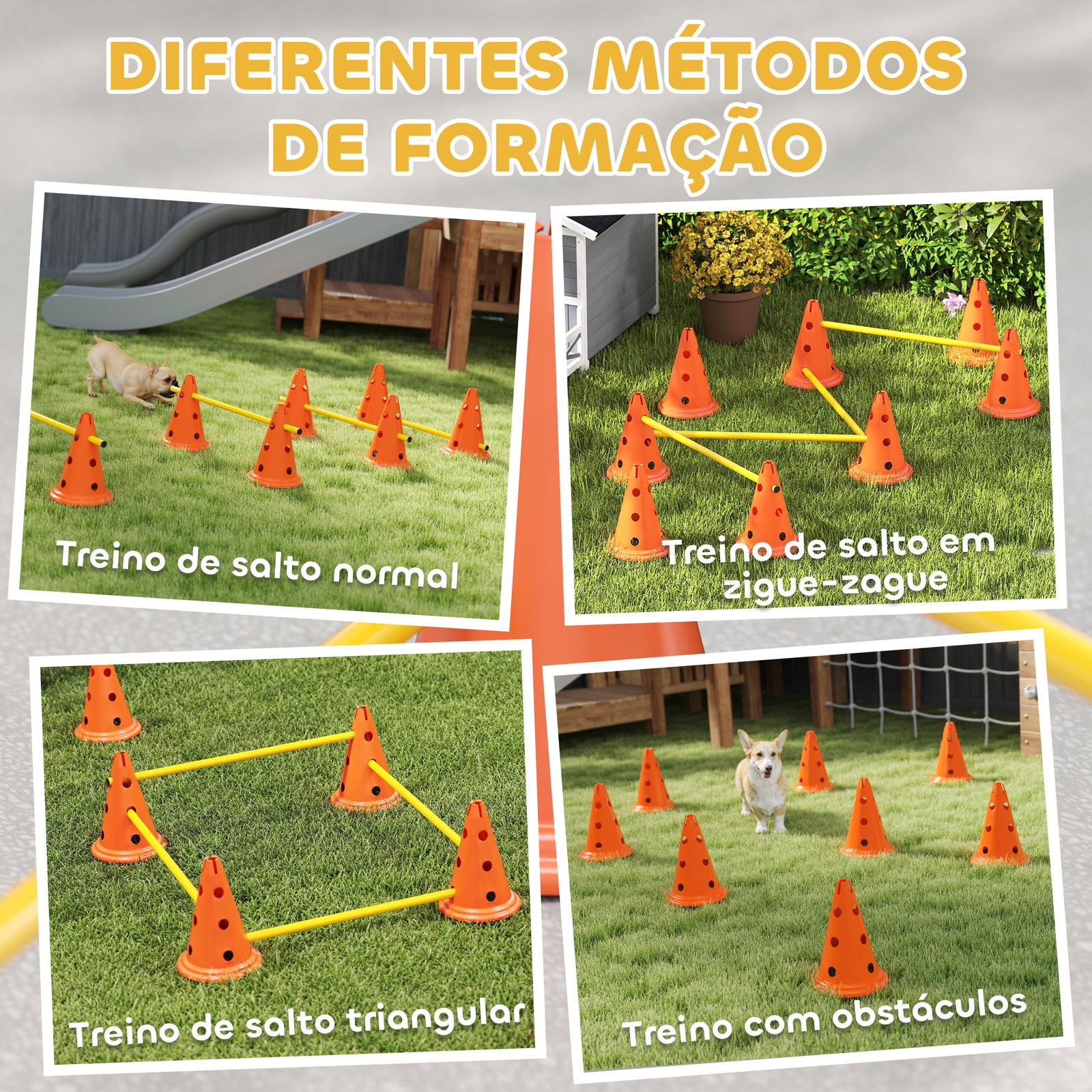 Conjunto de agilidade para cães barreiras de obstáculos para treino de coordenação 8 cones 8 barras bolsa de transporte laranja