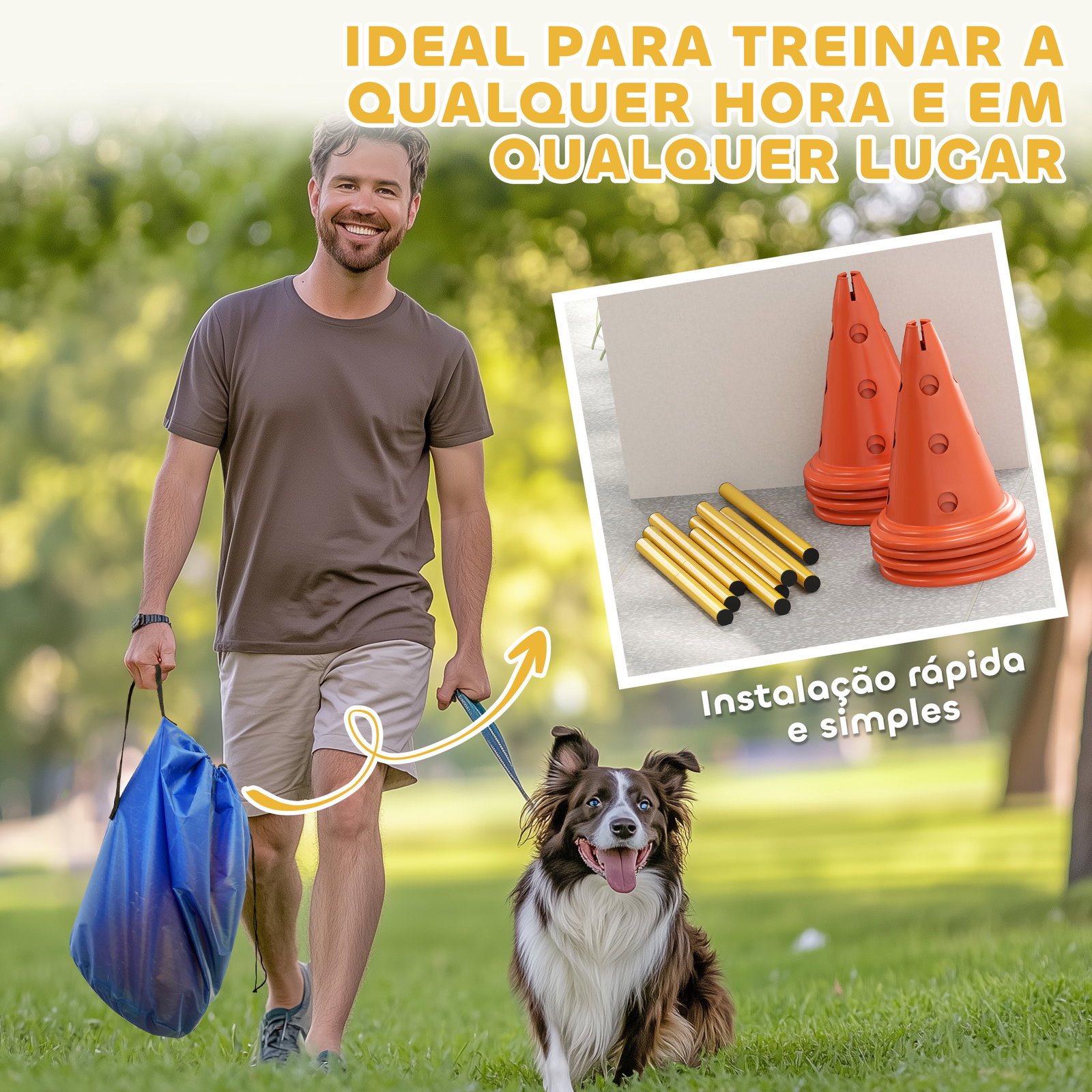 Conjunto de agilidade para cães barreiras de obstáculos para treino de coordenação 8 cones 8 barras bolsa de transporte laranja