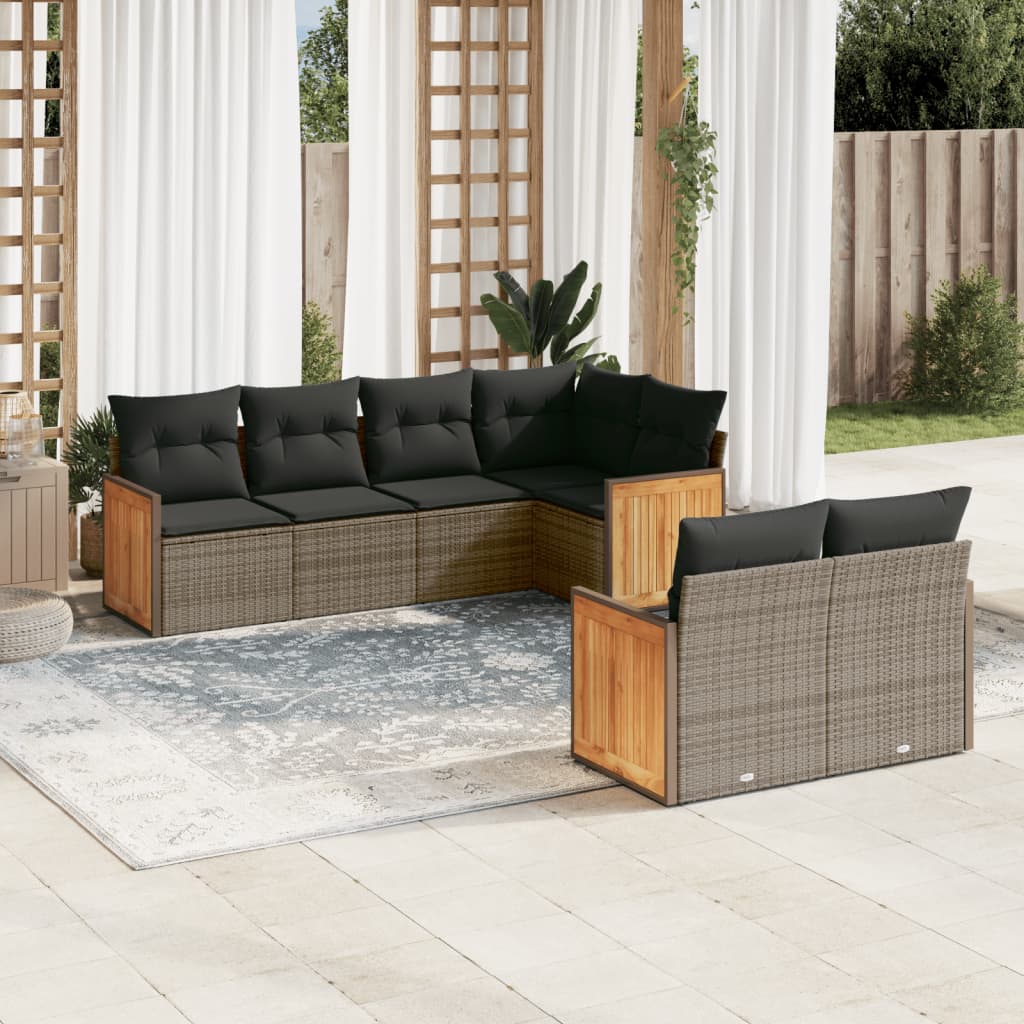 7 Pcs conjunto sofás p/ jardim c/ almofadões vime PE cinzento