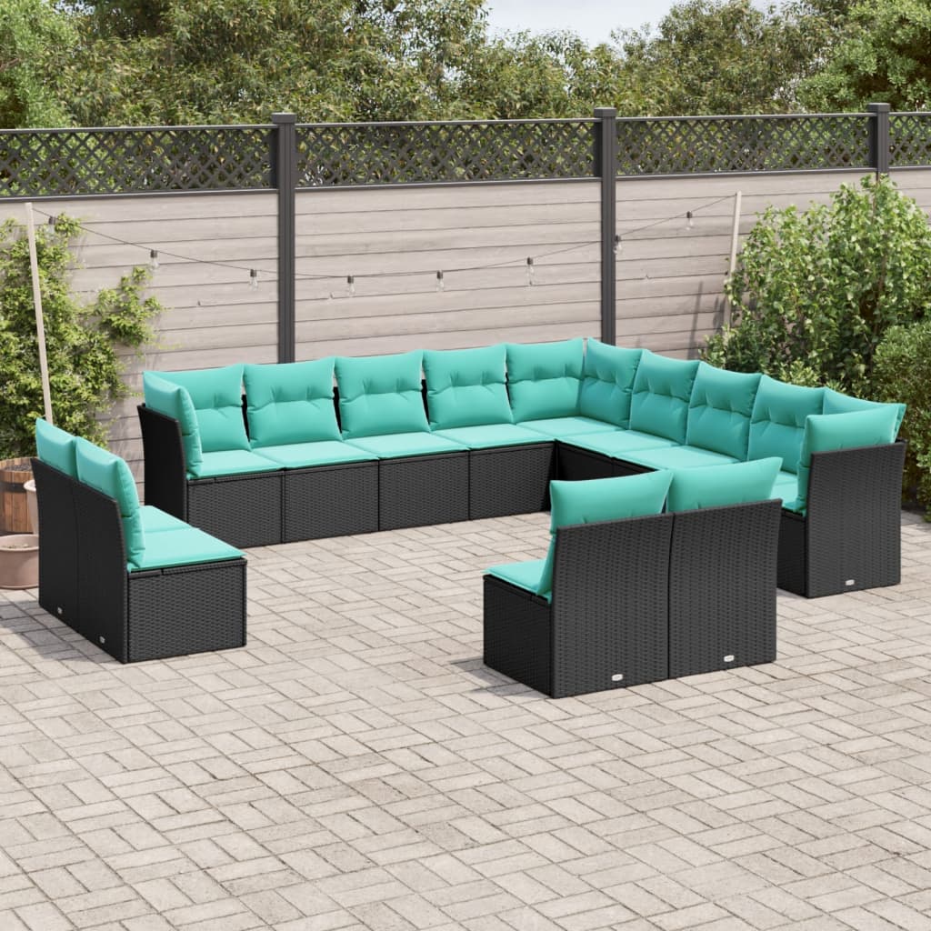 Conjunto de sofá de jardim com 13 peças e almofadas em rattan sintético preto