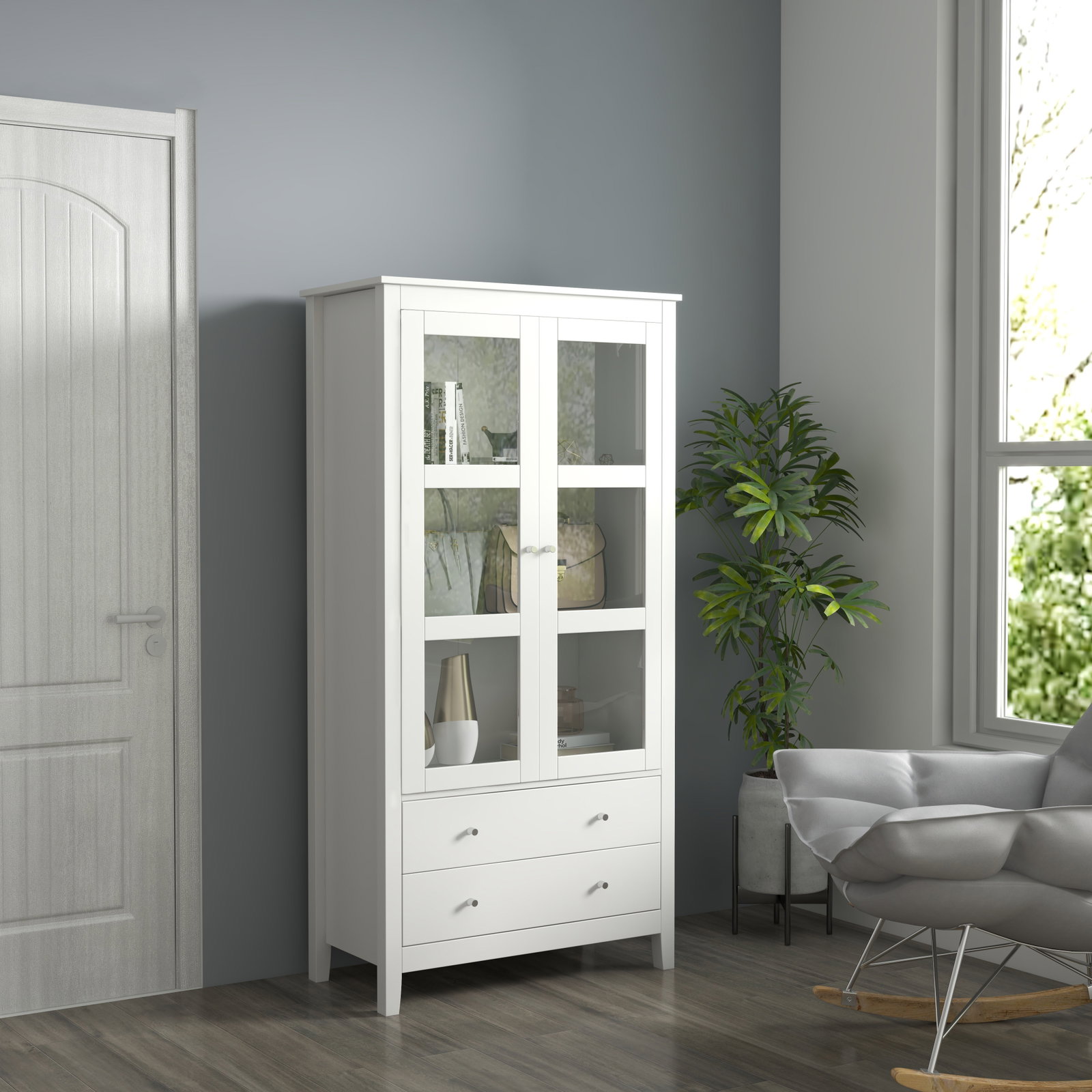 Vitrine de sala de estar estante para escritório com 2 portas de vidro temperado 3 prateleiras e 2 gavetas 80x40x160 cm branco