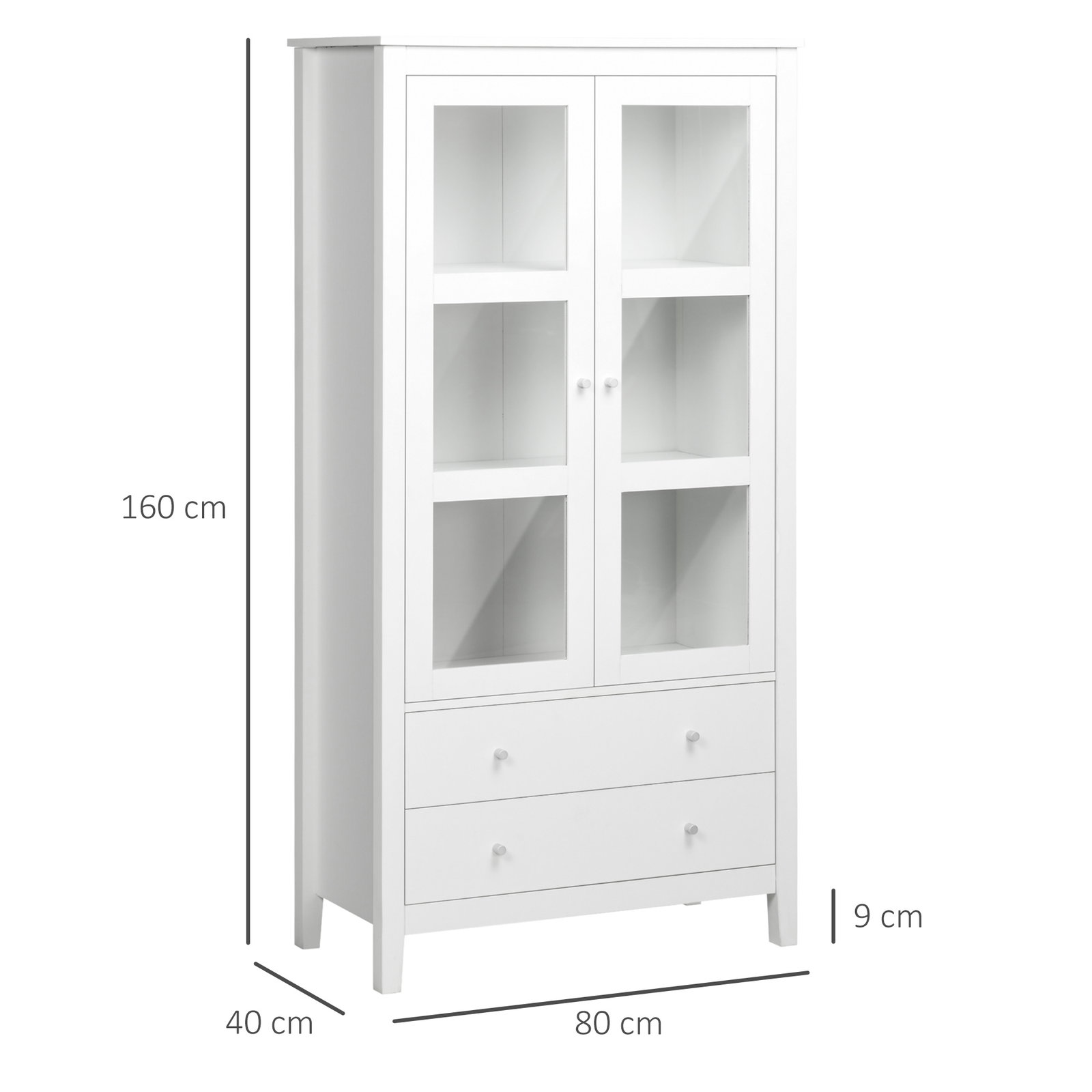 Vitrine de sala de estar estante para escritório com 2 portas de vidro temperado 3 prateleiras e 2 gavetas 80x40x160 cm branco