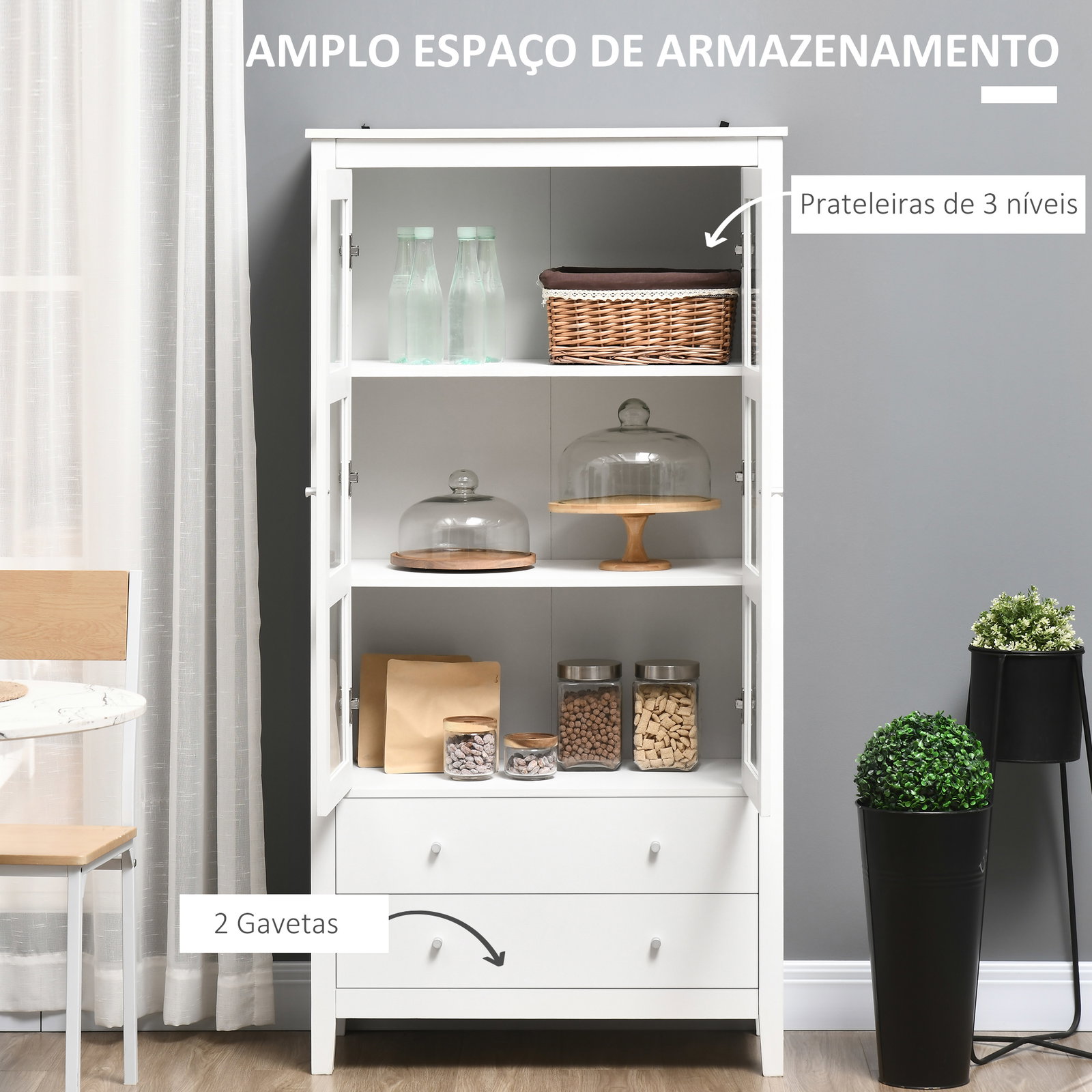 Vitrine de sala de estar estante para escritório com 2 portas de vidro temperado 3 prateleiras e 2 gavetas 80x40x160 cm branco