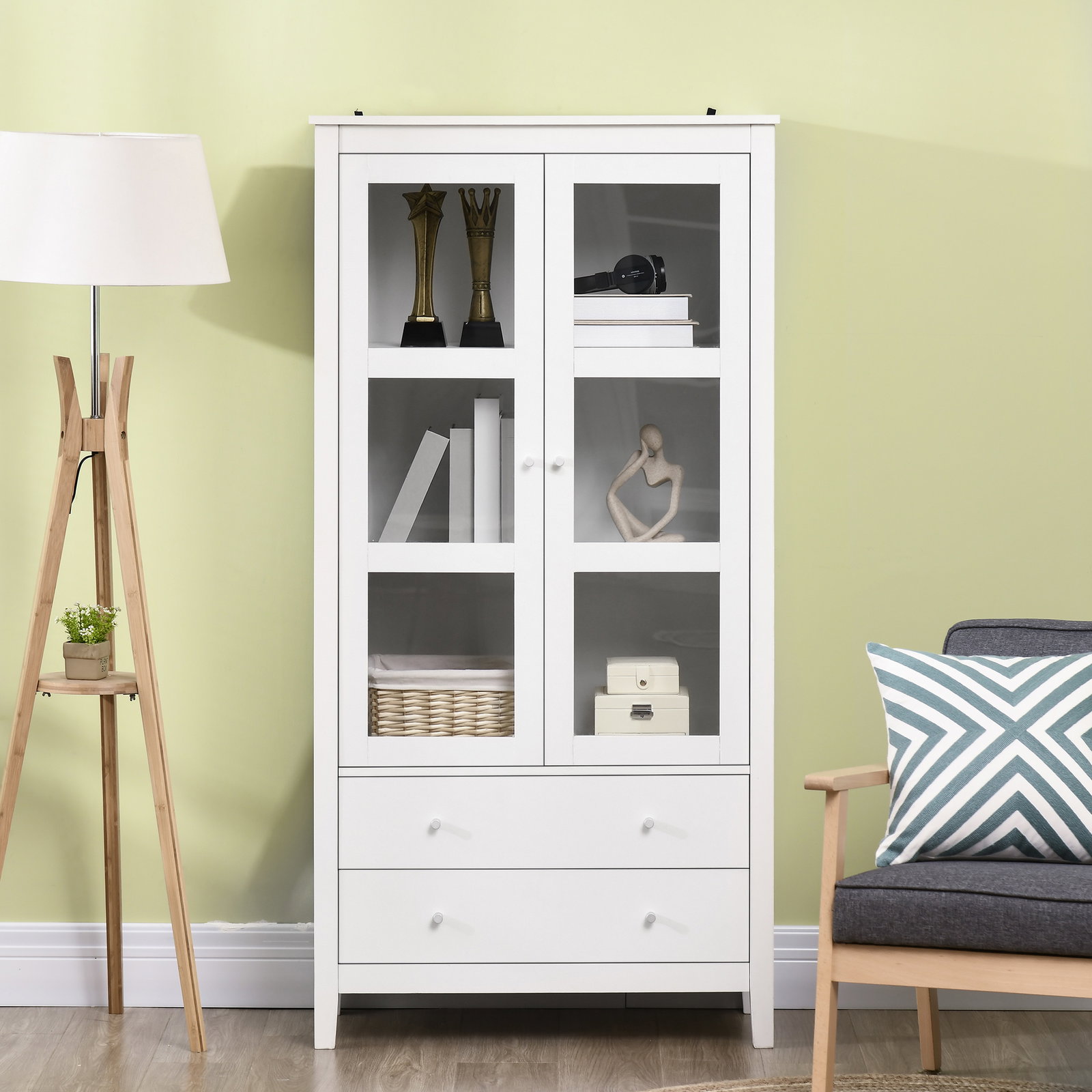 Vitrine de sala de estar estante para escritório com 2 portas de vidro temperado 3 prateleiras e 2 gavetas 80x40x160 cm branco