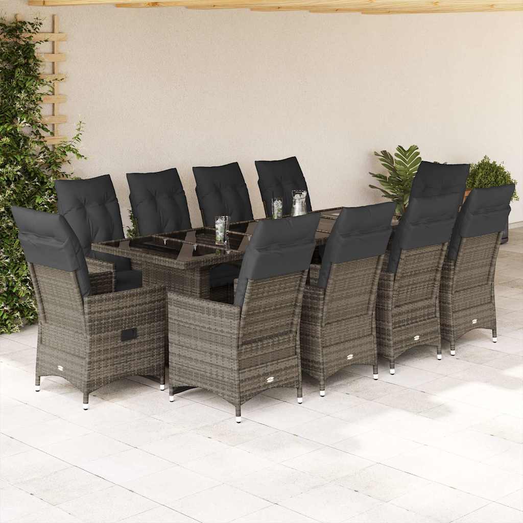 11 Pcs conjunto bistrô de jardim c/ almofadões vime PE cinzento