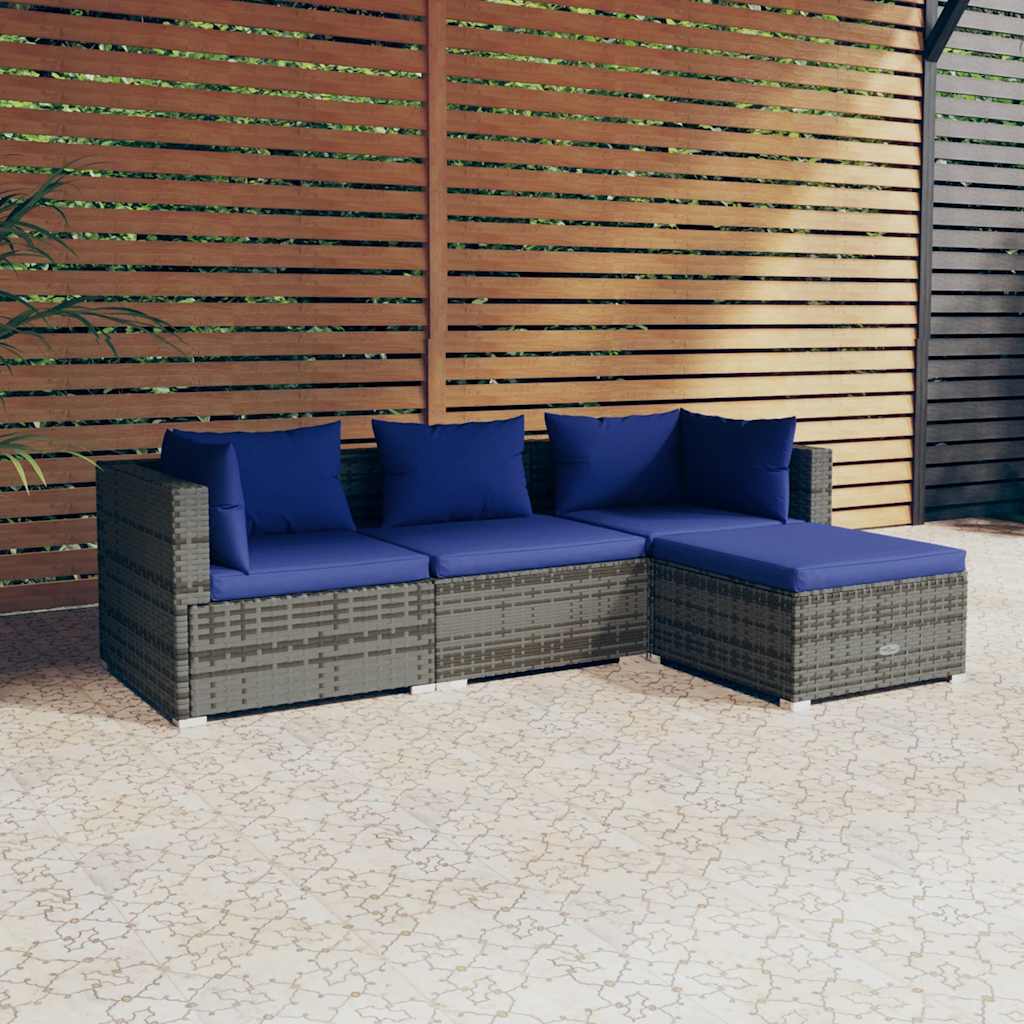 4 Pcs conjunto lounge de jardim c/ almofadões vime PE cinzento