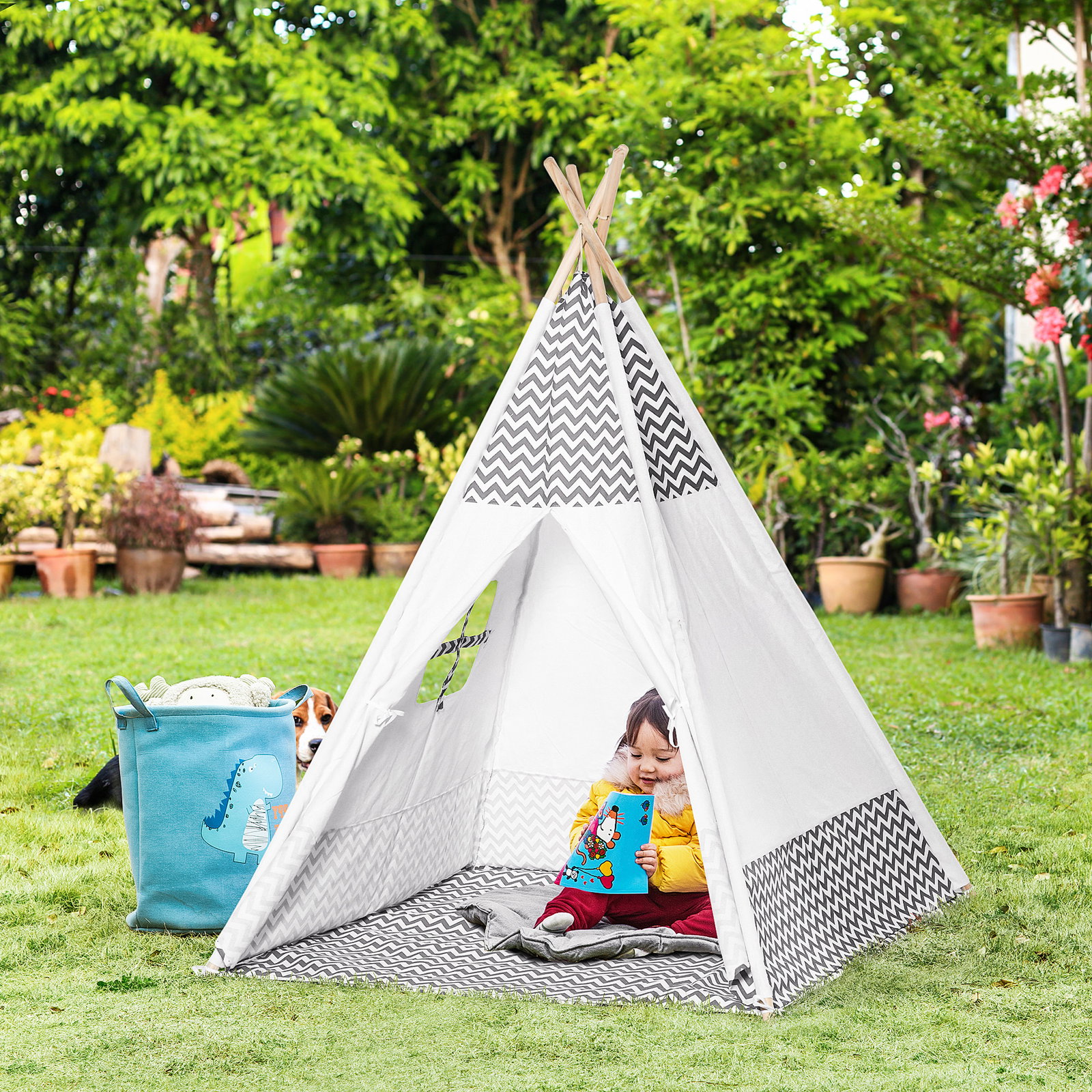 Tenda Tipi para Crianças acima de 3 Anos Tenda Infantil de Madeira Portátil com Janela Almofada e Bolsa de Transporte para Inter