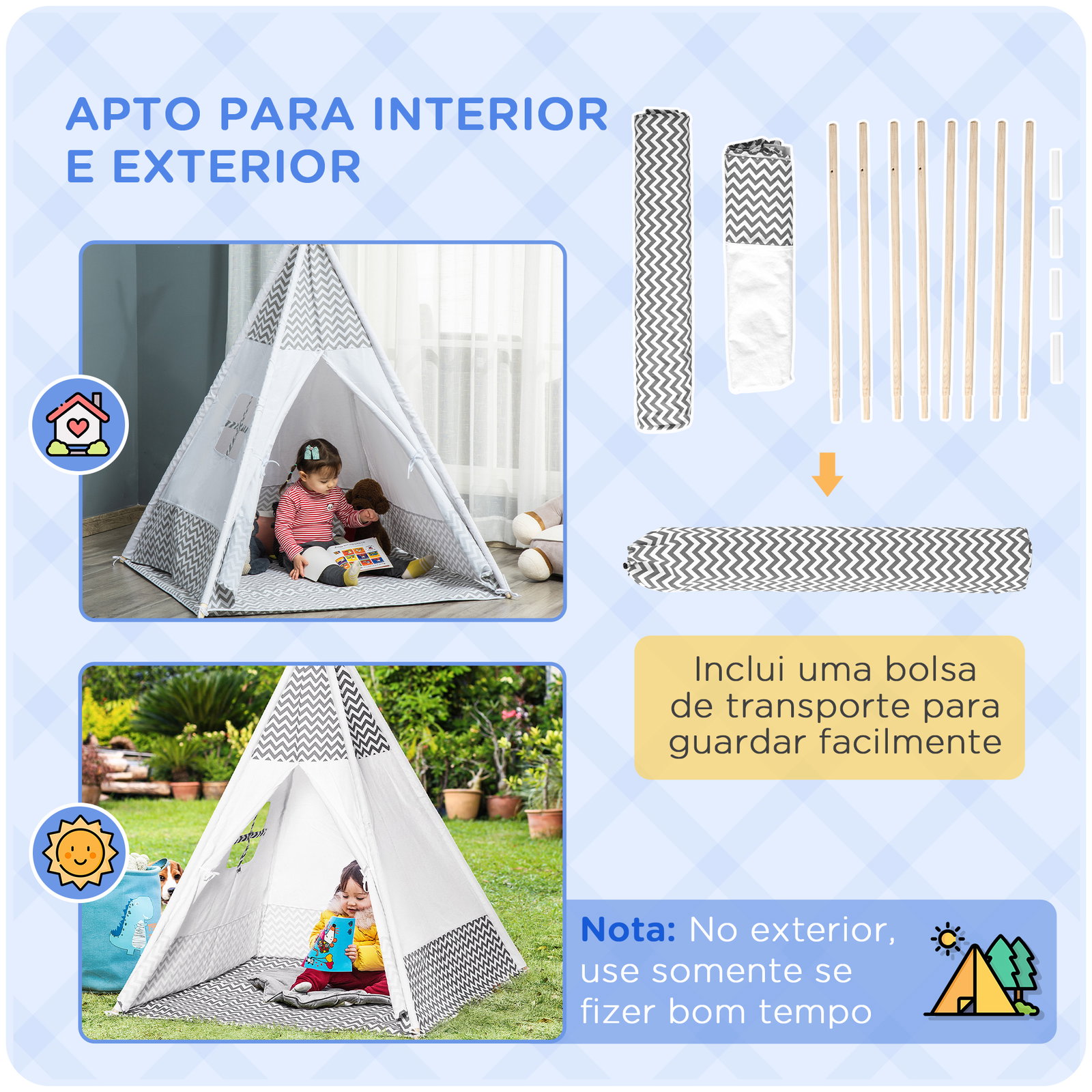 Tenda Tipi para Crianças acima de 3 Anos Tenda Infantil de Madeira Portátil com Janela Almofada e Bolsa de Transporte para Inter