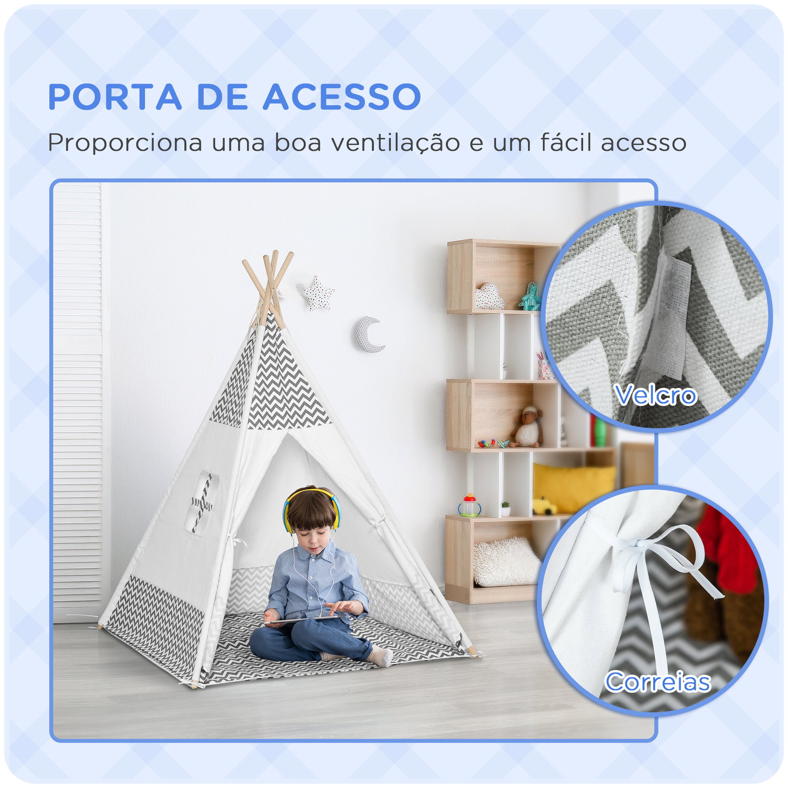 Tenda Tipi para Crianças acima de 3 Anos Tenda Infantil de Madeira Portátil com Janela Almofada e Bolsa de Transporte para Inter