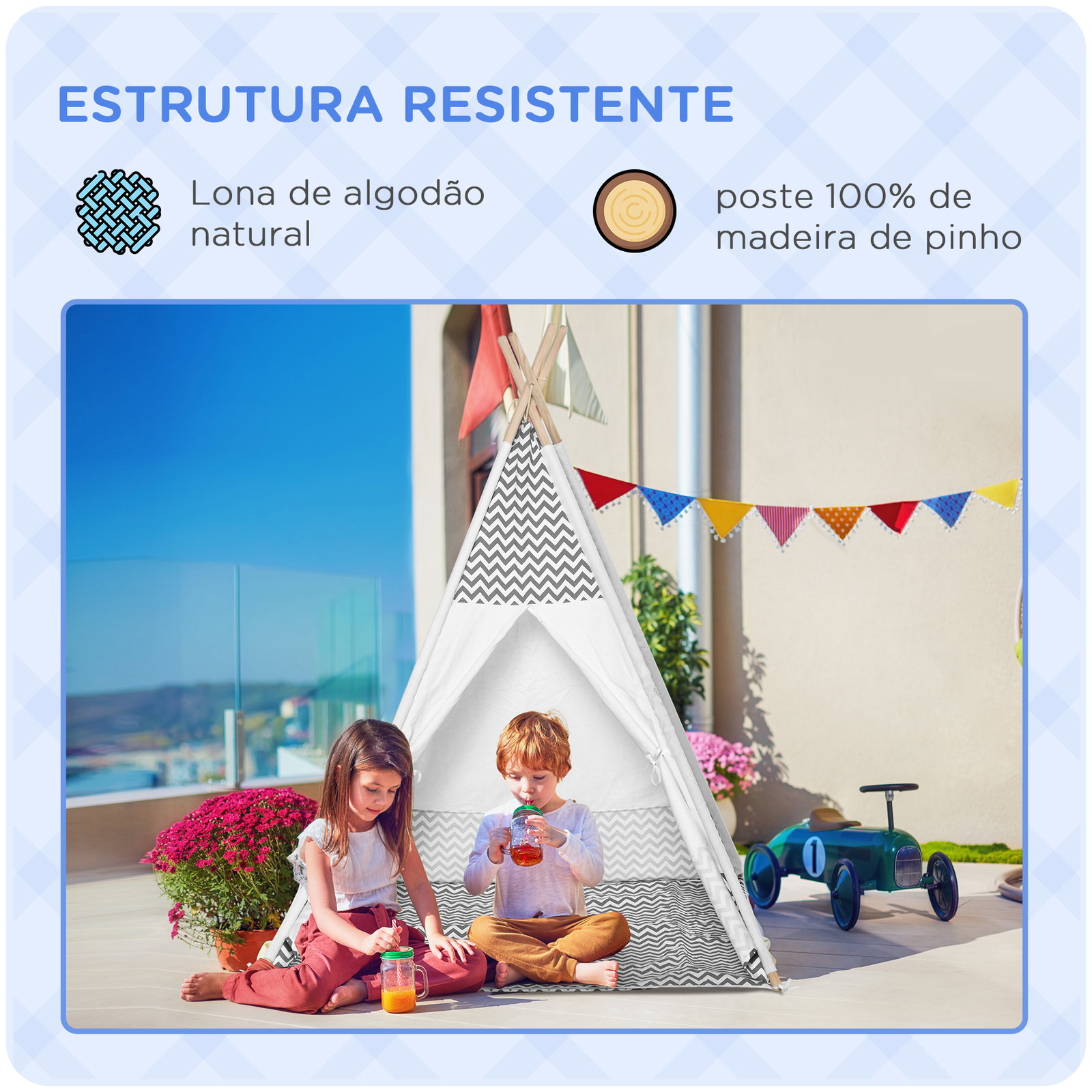 Tenda Tipi para Crianças acima de 3 Anos Tenda Infantil de Madeira Portátil com Janela Almofada e Bolsa de Transporte para Inter