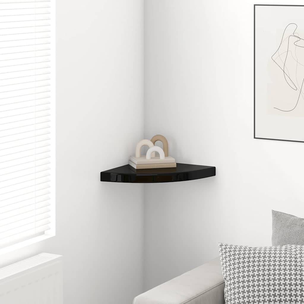 Prateleira de canto suspensa 35x35x3,8 cm MDF preto brilhante