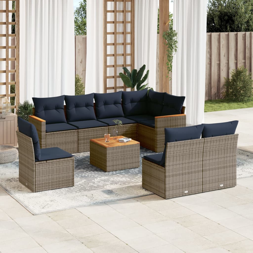 Conjunto de sofá de jardim de 9 peças com almofadas em rattan sintético cinza