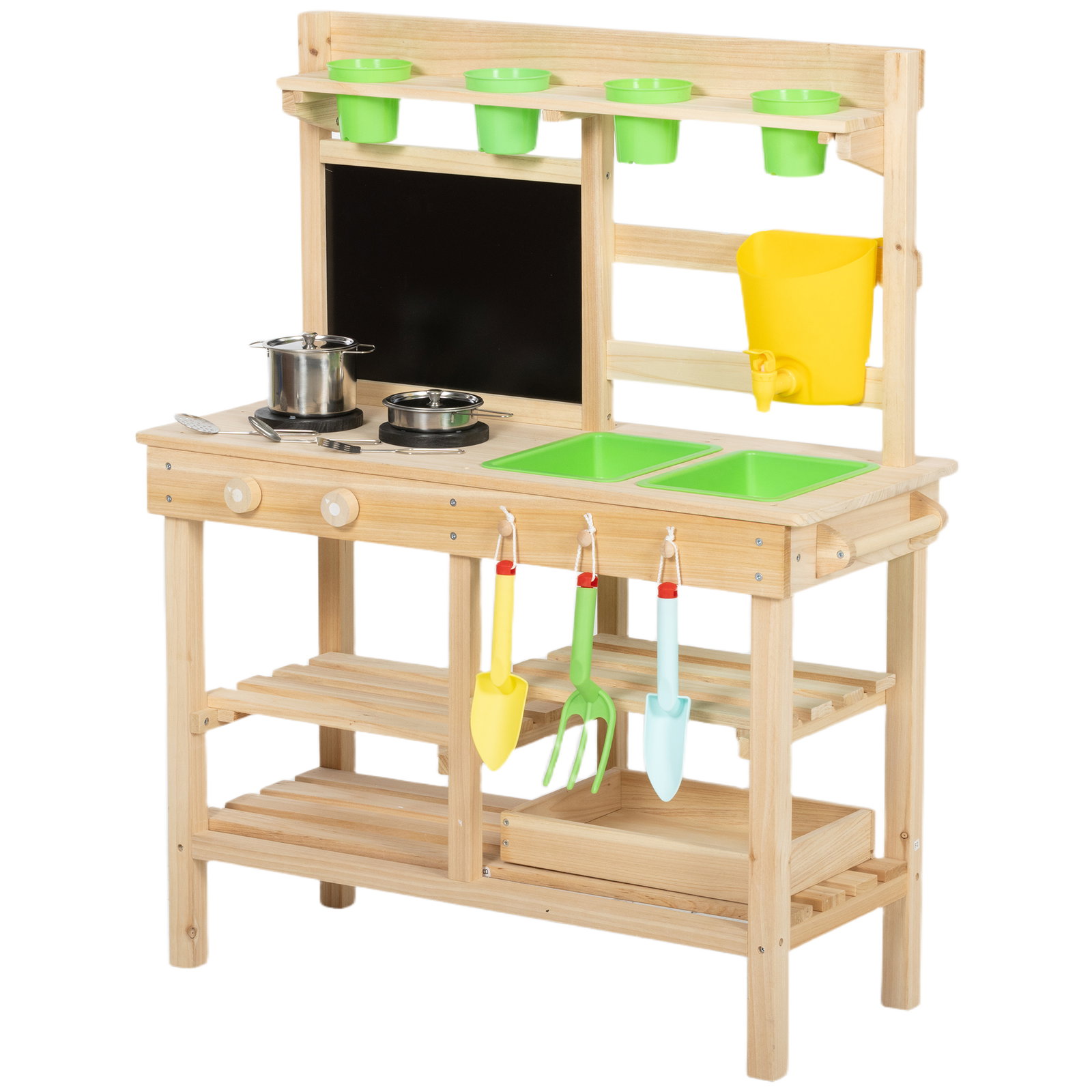 Cozinha de brincar exterior com vasos lavatório torneira utensílios de aço inoxidável e quadro-negro madeira