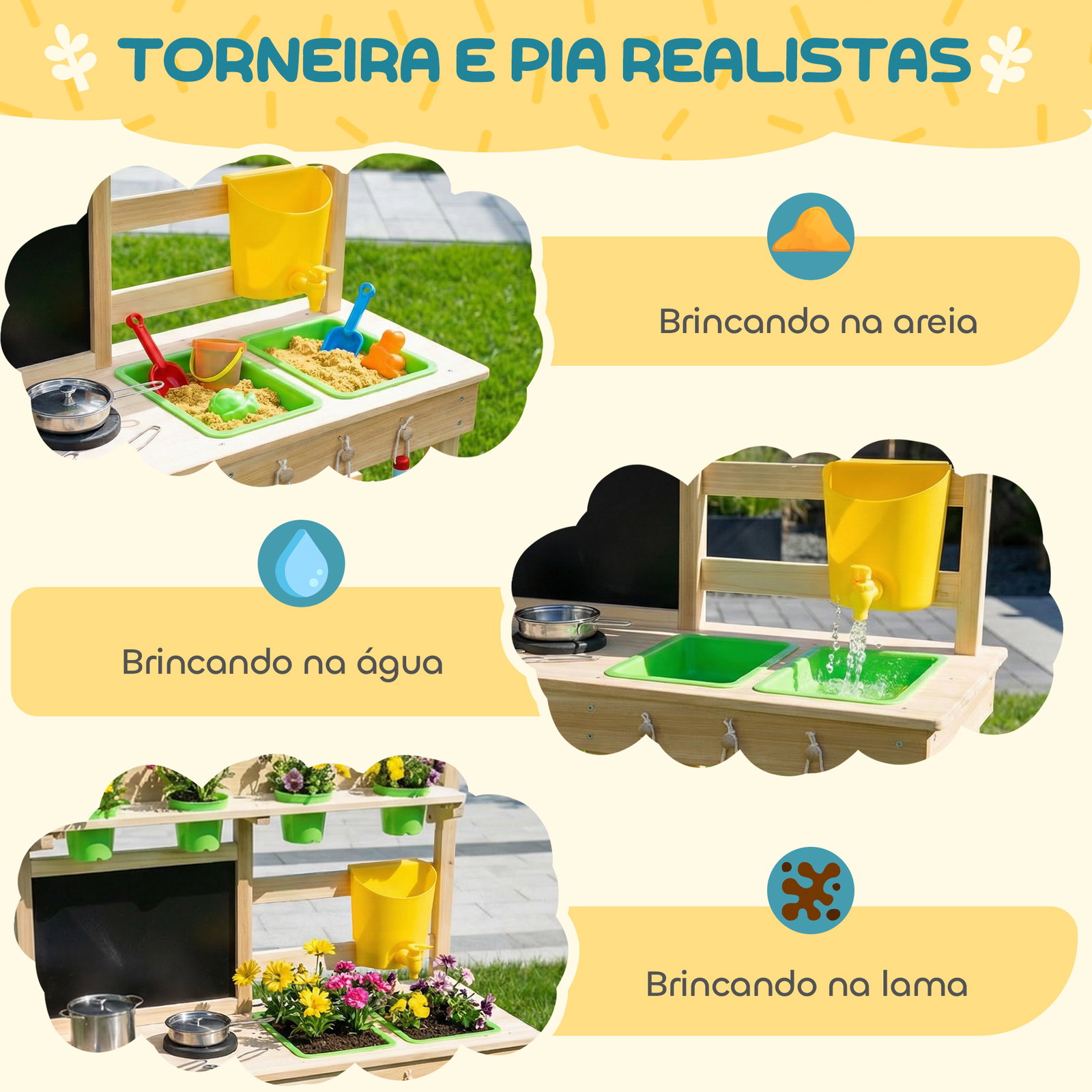 Cozinha de brincar exterior com vasos lavatório torneira utensílios de aço inoxidável e quadro-negro madeira