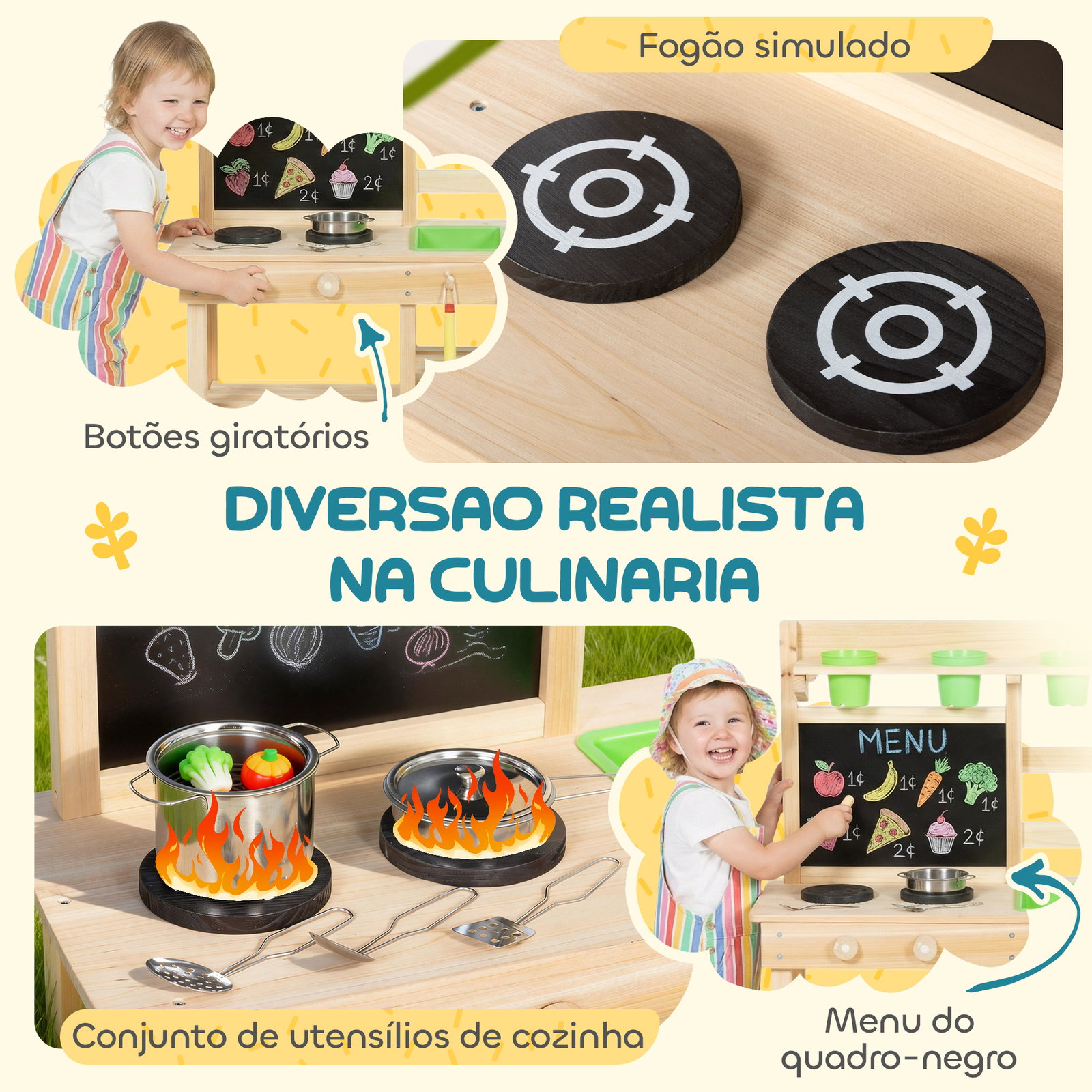 Cozinha de brincar exterior com vasos lavatório torneira utensílios de aço inoxidável e quadro-negro madeira