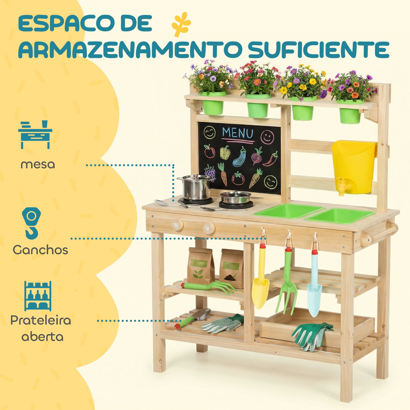 Cozinha de brincar exterior com vasos lavatório torneira utensílios de aço inoxidável e quadro-negro madeira