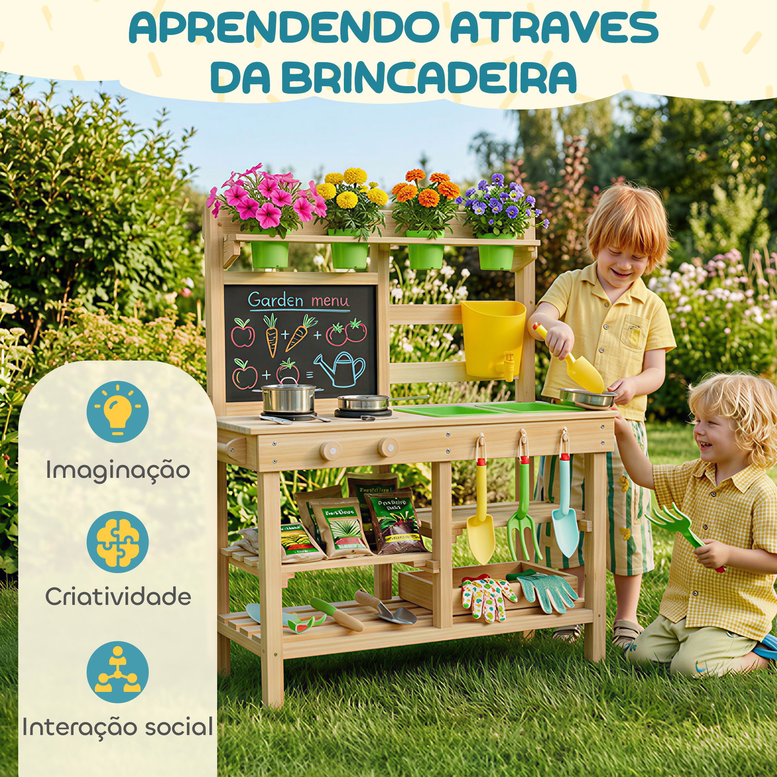Cozinha de brincar exterior com vasos lavatório torneira utensílios de aço inoxidável e quadro-negro madeira