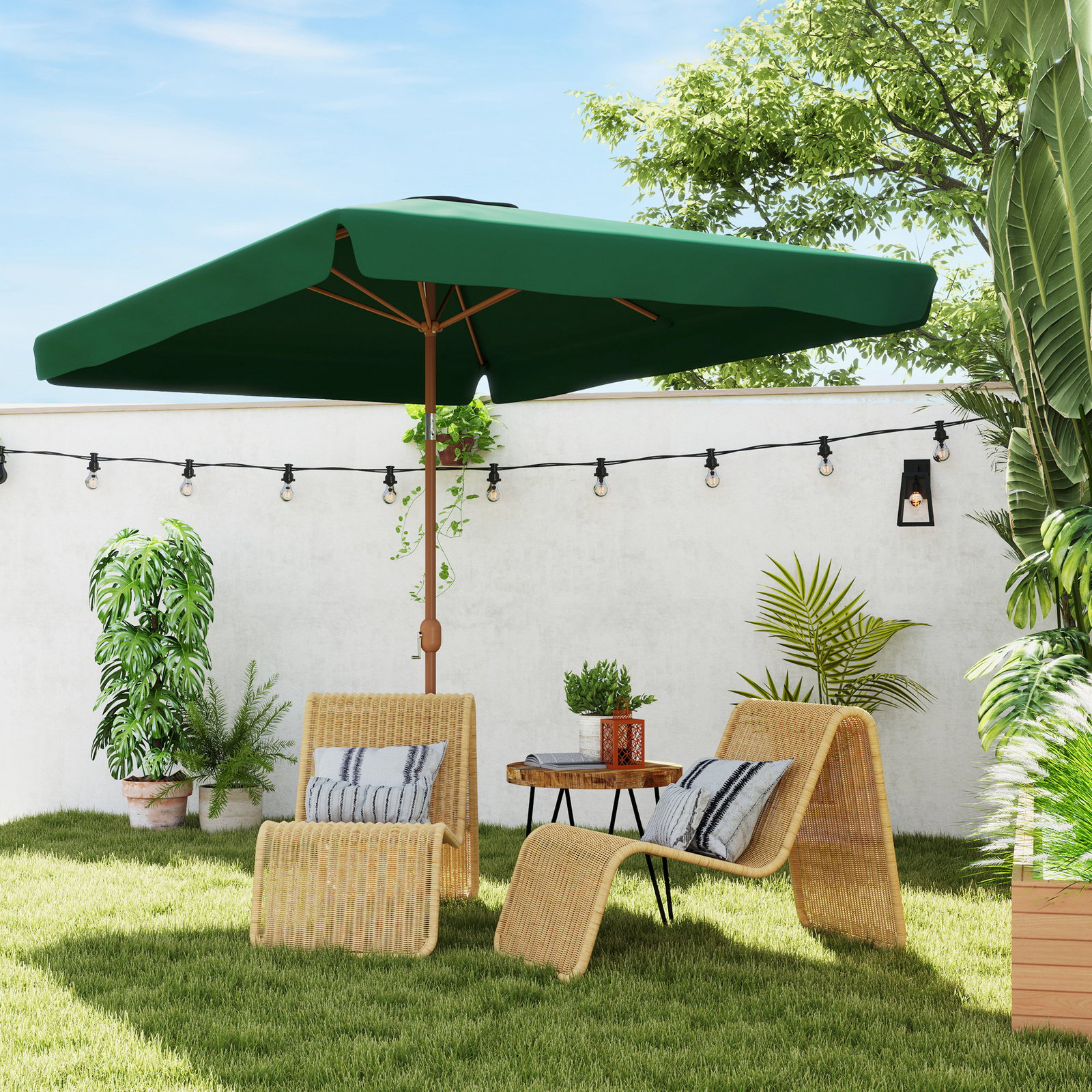 Guarda-sol de terraço exterior 300x200x245 cm com ângulo ajustável, mastro de alumínio, manivela e proteção UV 50+ verde
