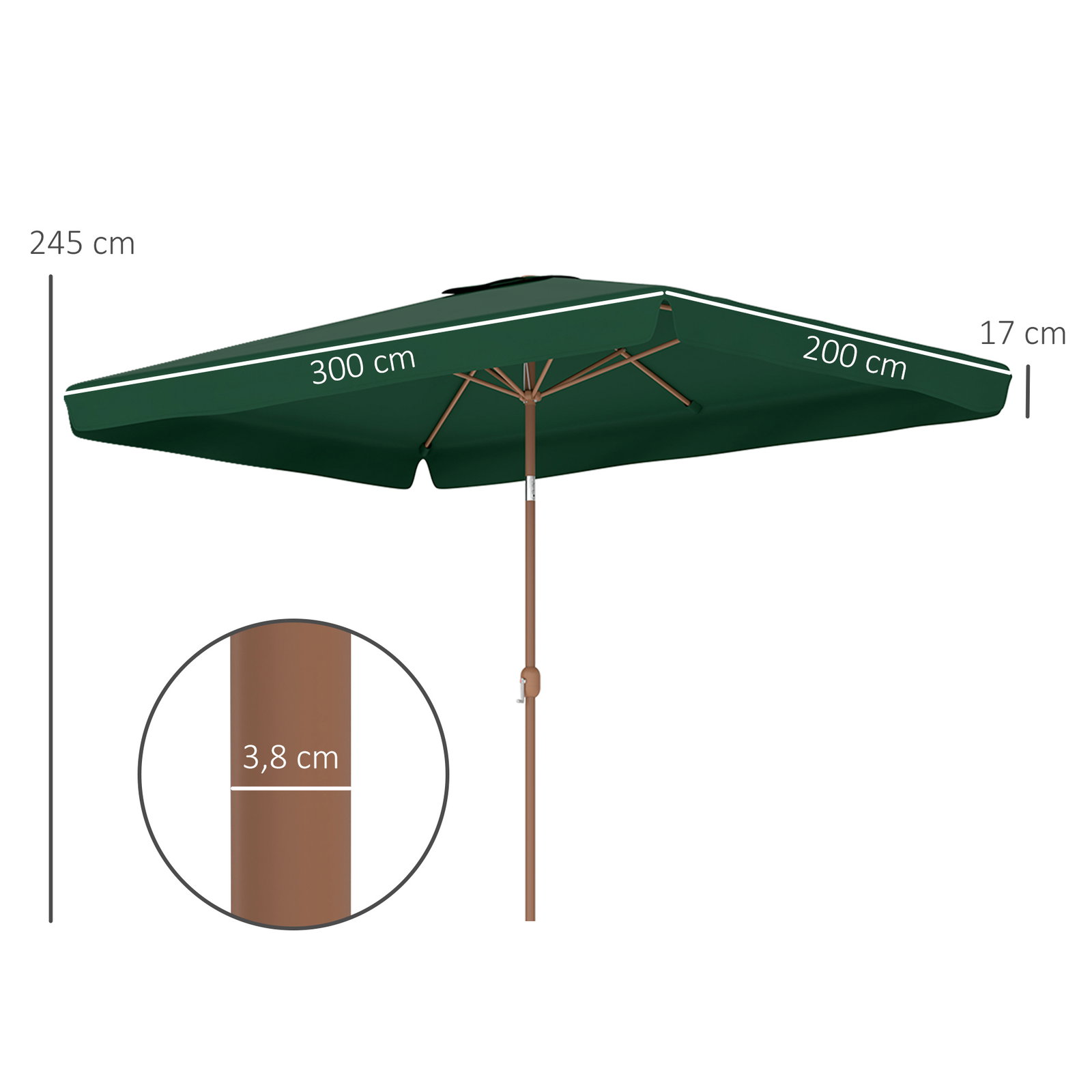 Guarda-sol de terraço exterior 300x200x245 cm com ângulo ajustável, mastro de alumínio, manivela e proteção UV 50+ verde