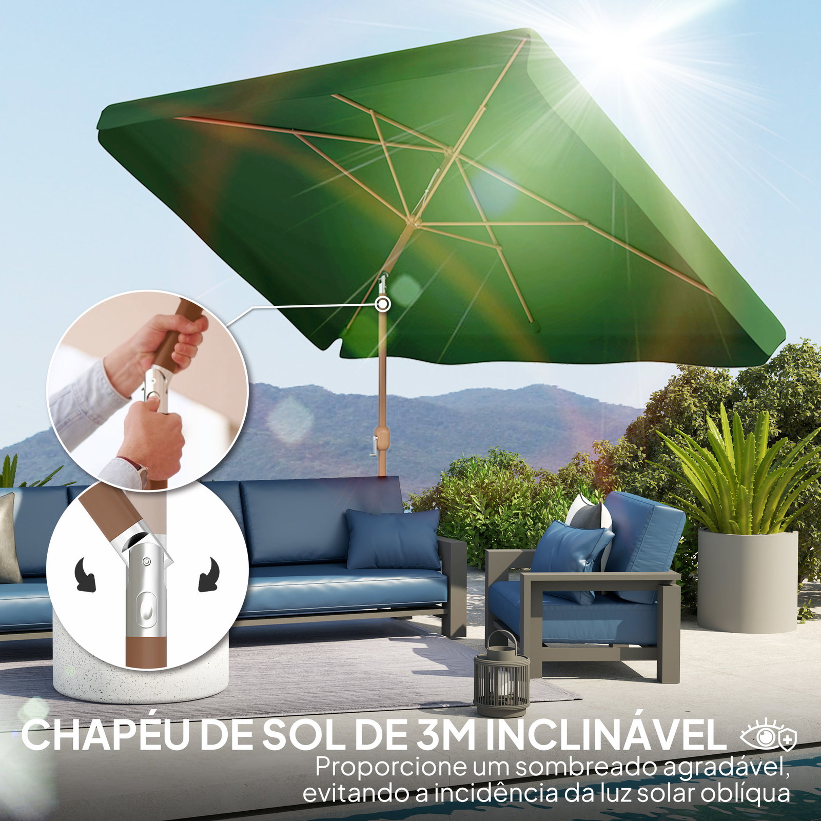 Guarda-sol de terraço exterior 300x200x245 cm com ângulo ajustável, mastro de alumínio, manivela e proteção UV 50+ verde