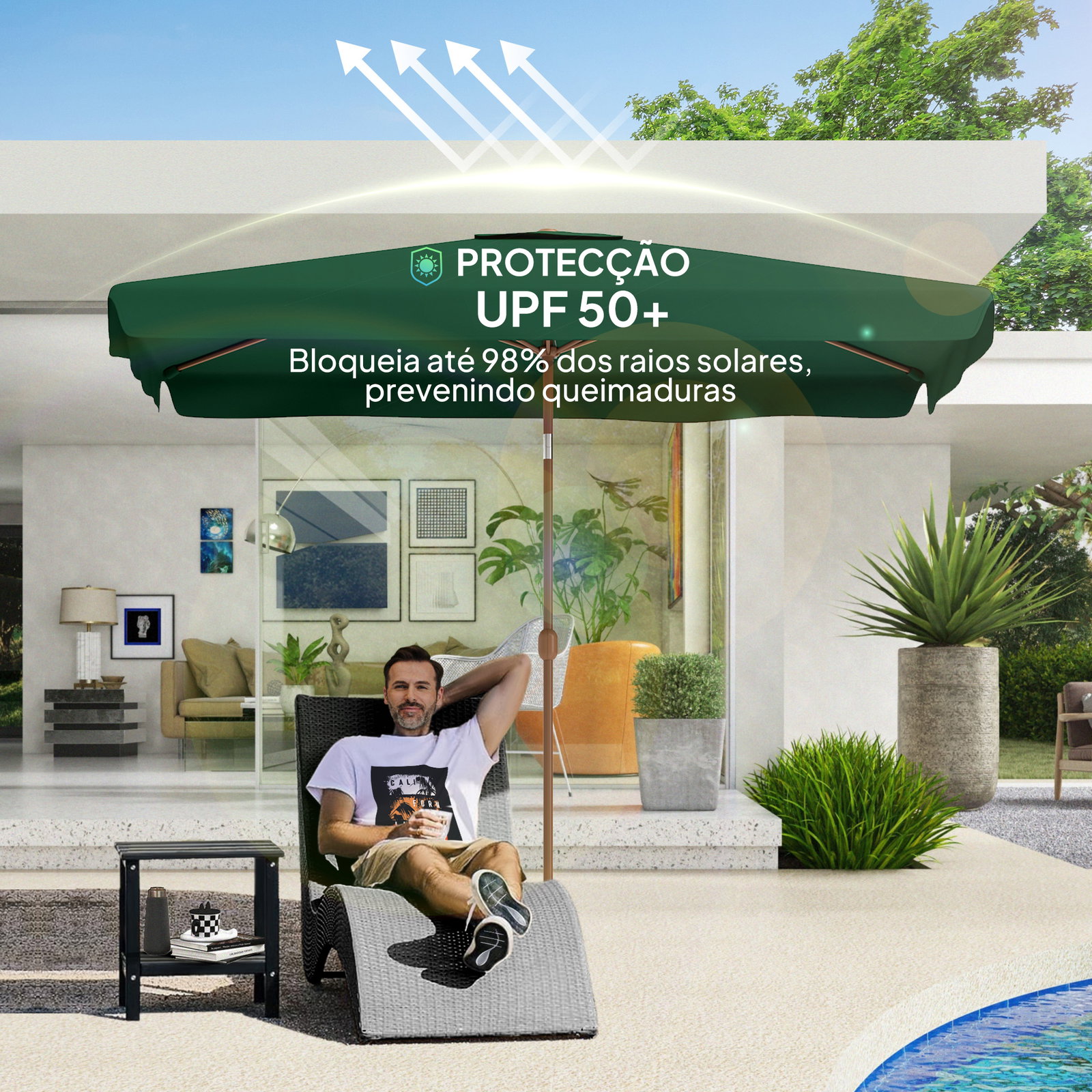 Guarda-sol de terraço exterior 300x200x245 cm com ângulo ajustável, mastro de alumínio, manivela e proteção UV 50+ verde