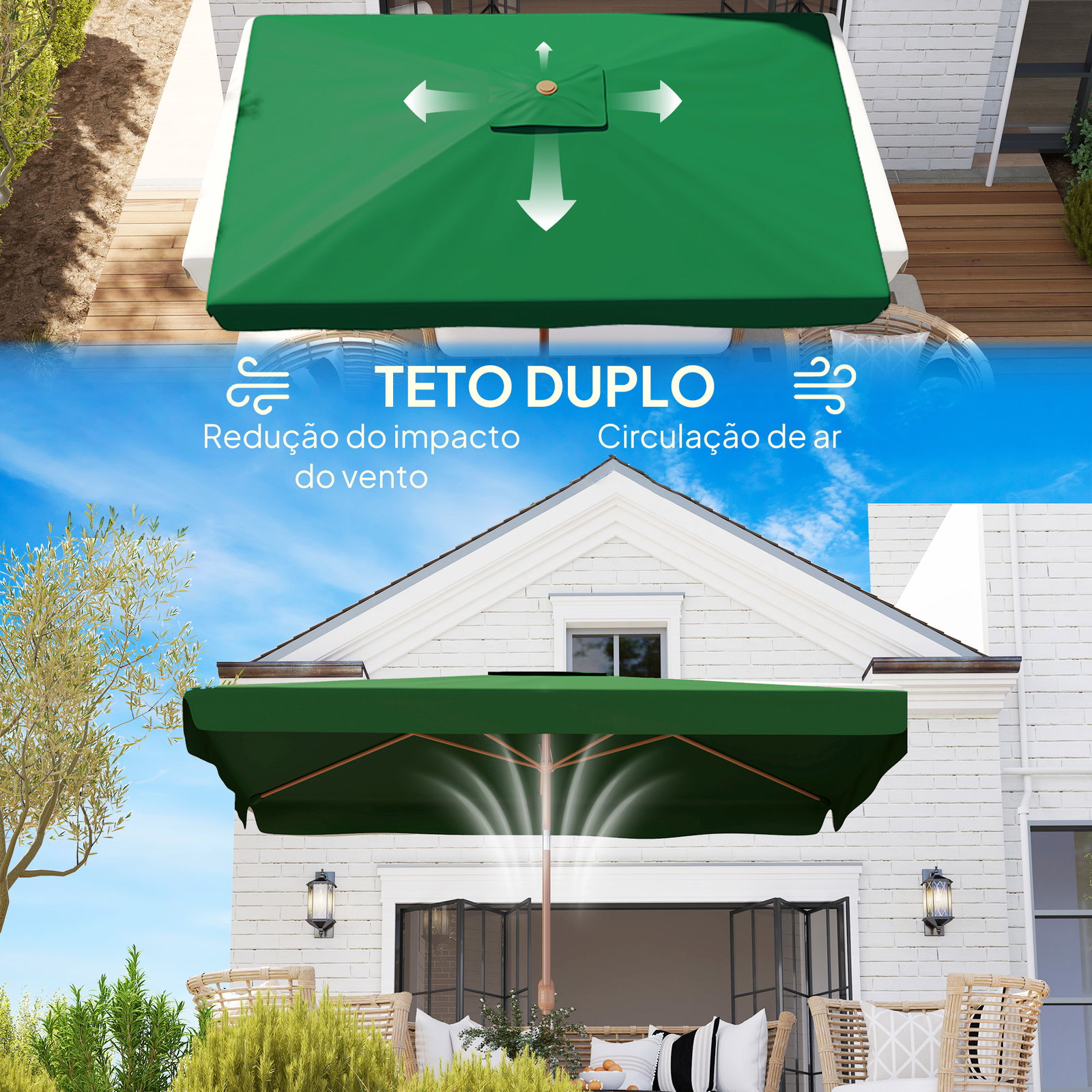 Guarda-sol de terraço exterior 300x200x245 cm com ângulo ajustável, mastro de alumínio, manivela e proteção UV 50+ verde