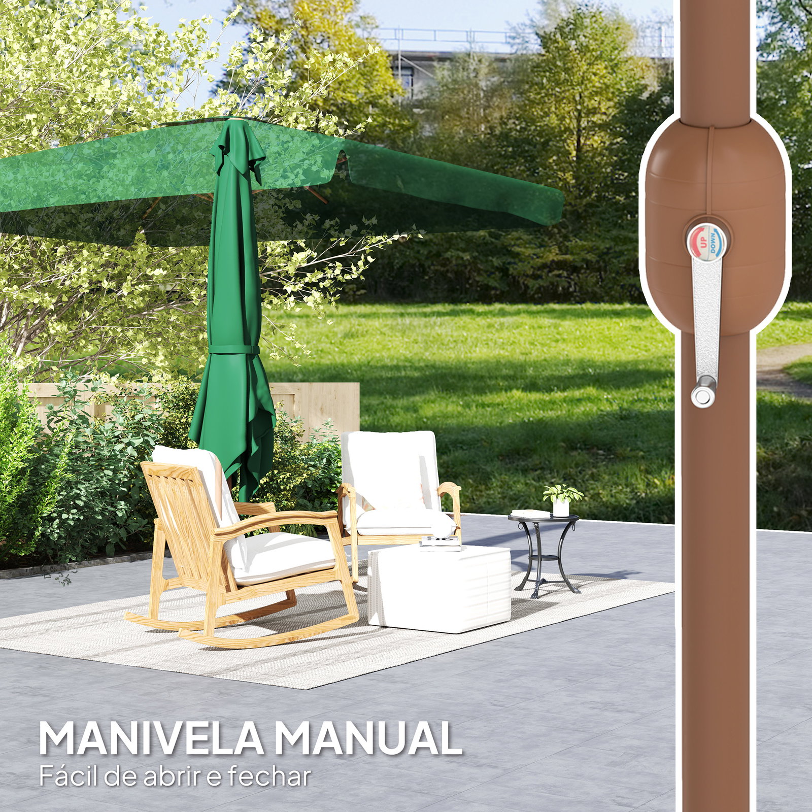 Guarda-sol de terraço exterior 300x200x245 cm com ângulo ajustável, mastro de alumínio, manivela e proteção UV 50+ verde